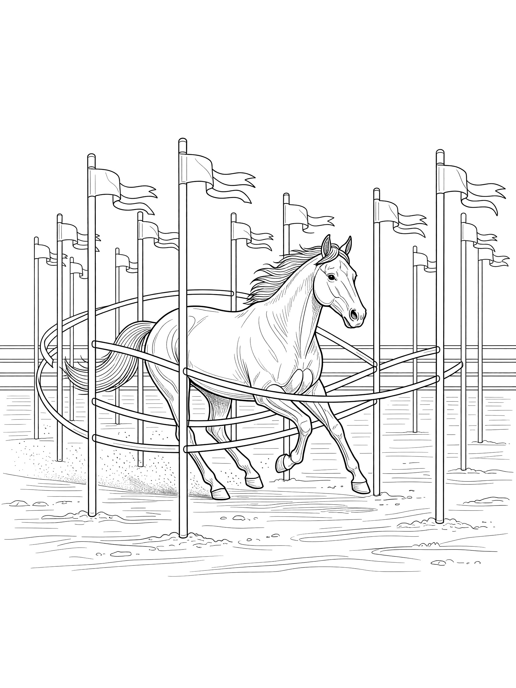 Black and white line art coloring page showing a horse weaving between tall poles with fluttering ribbons on a simple ground. Rodeo themed black and white printable line art