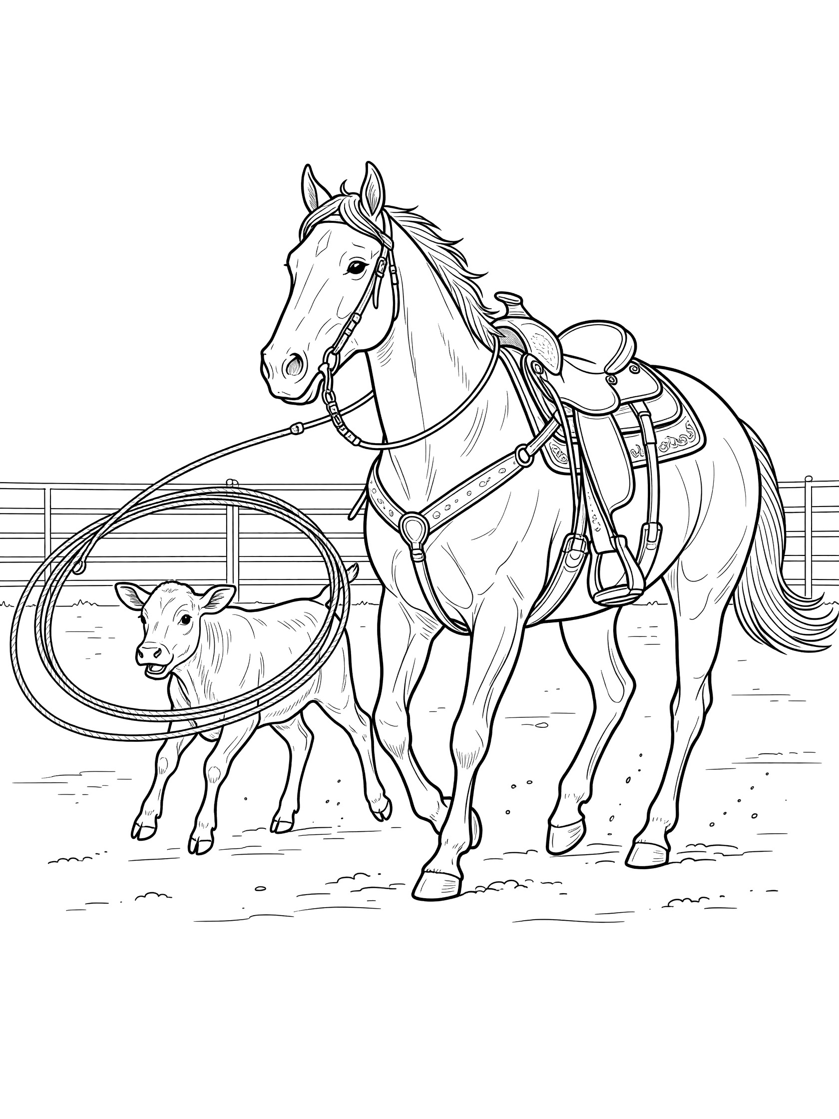 Black and white line art coloring page showing a horse standing alert with saddle and reins, lasso looped around a small calf, wooden fence and arena ground.