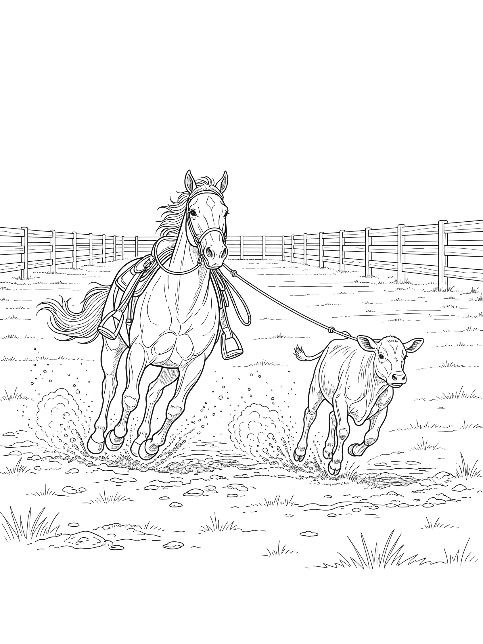 Black and white line art of a horse running forward pulling a calf with a lasso in a fenced rodeo area with dirt and grass.