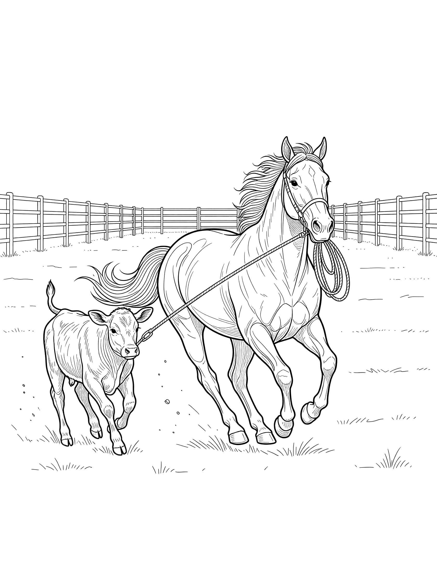 Black and white coloring page showing a horse running forward pulling a calf with a lasso in an open arena with wooden fences.