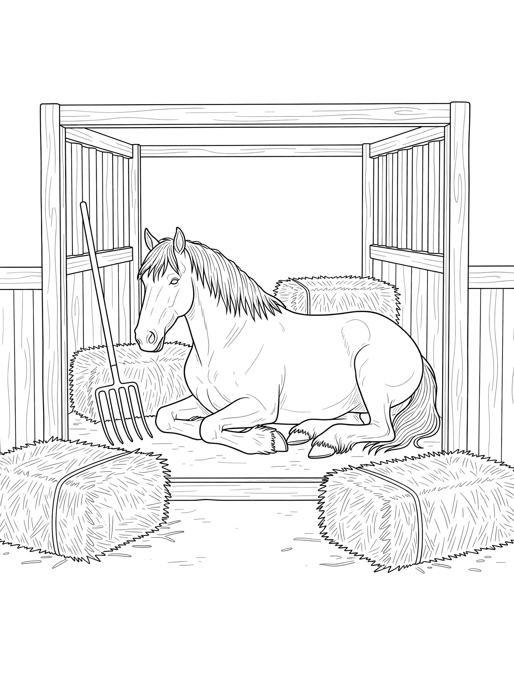 Black and white line art coloring page showing a horse resting in an open wooden barn stall surrounded by hay bales and a pitchfork. Clydesdale themed black and white printable line art