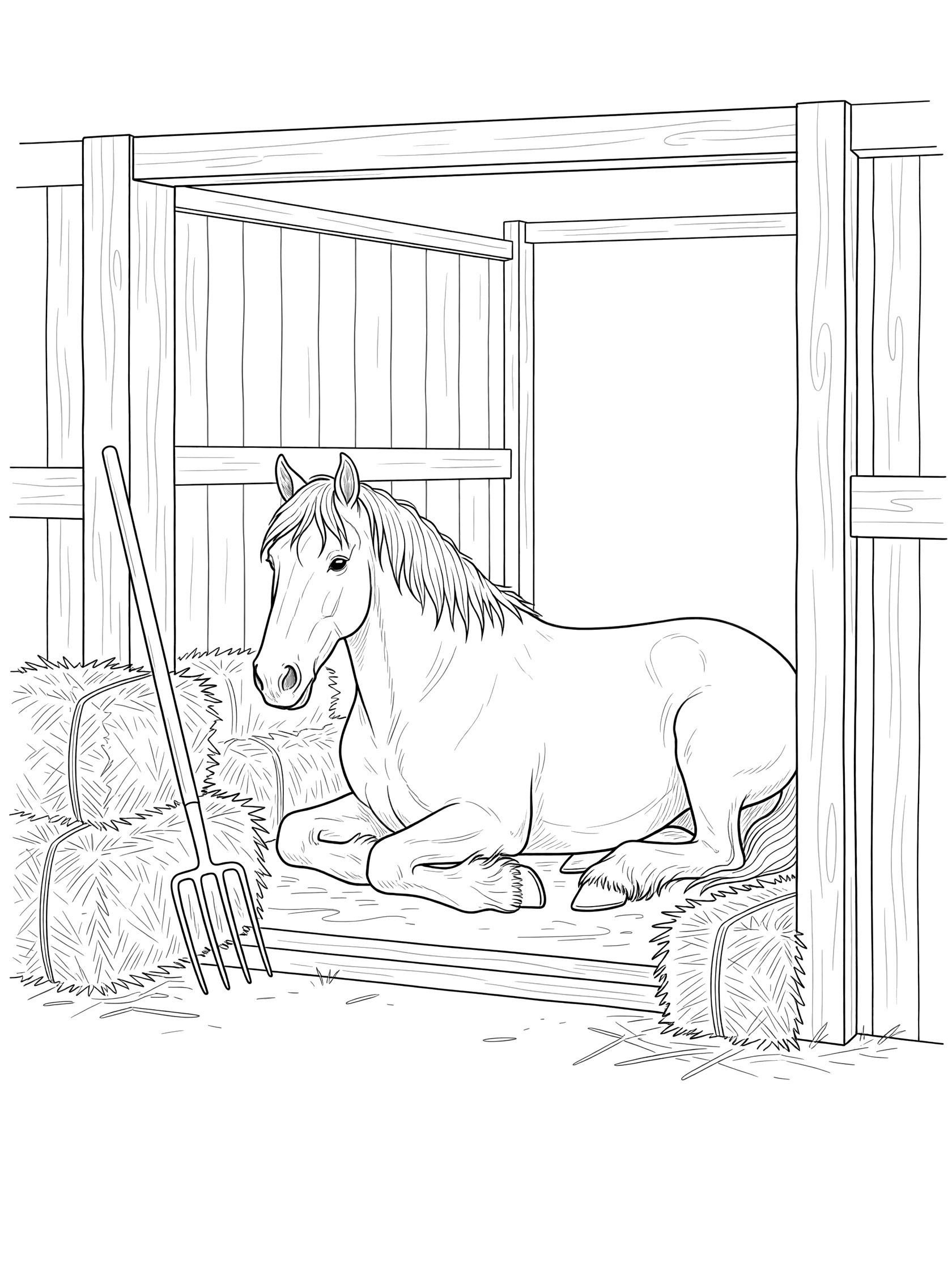 Black and white line drawing of a horse resting in a wooden barn stall surrounded by hay bales and a pitchfork, coloring page. Clydesdale themed black and white printable line art