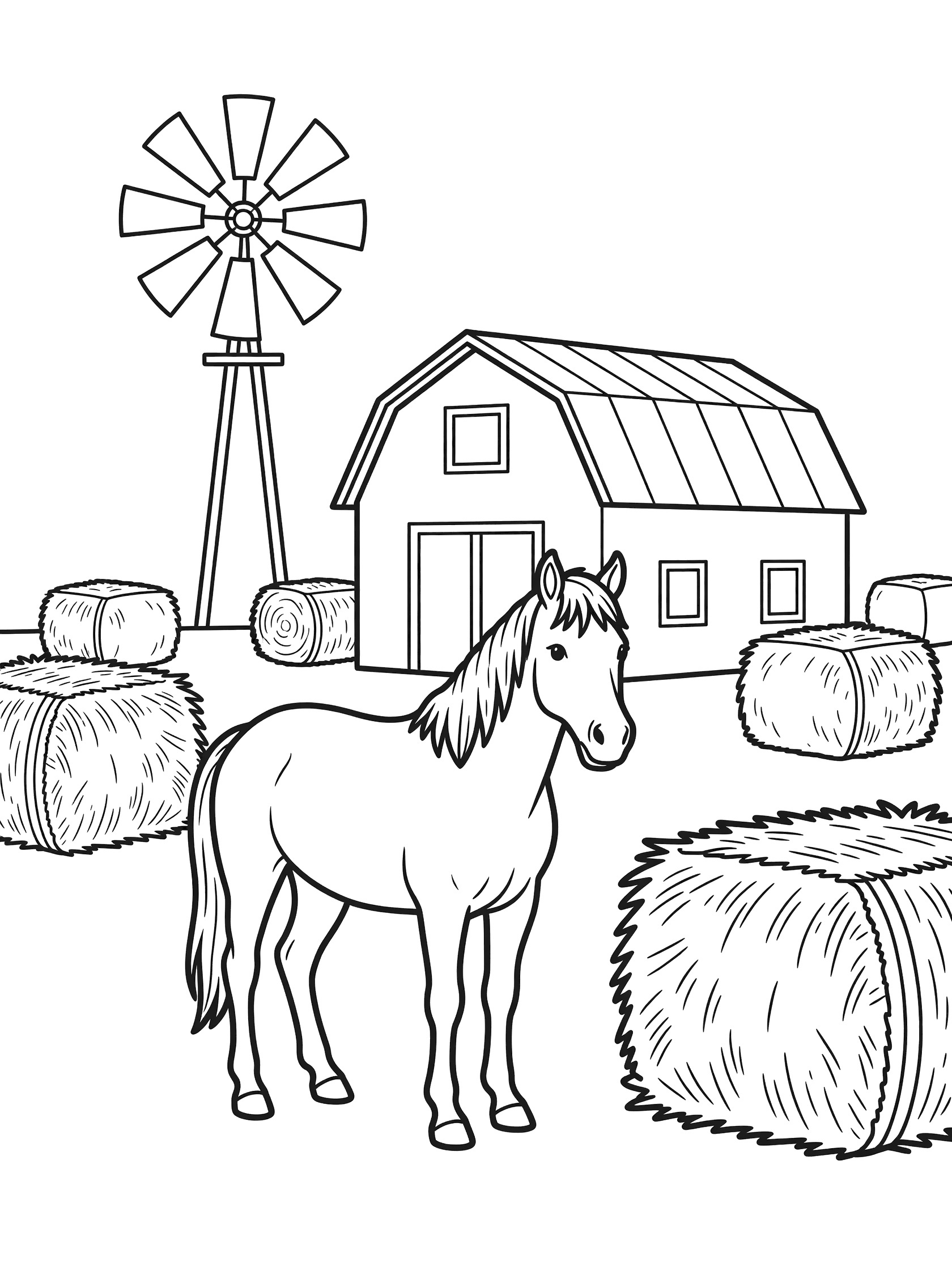 Black and white line art coloring page showing a horse near a red barn, hay bales, and windmill on a farm. Pony themed black and white printable line art
