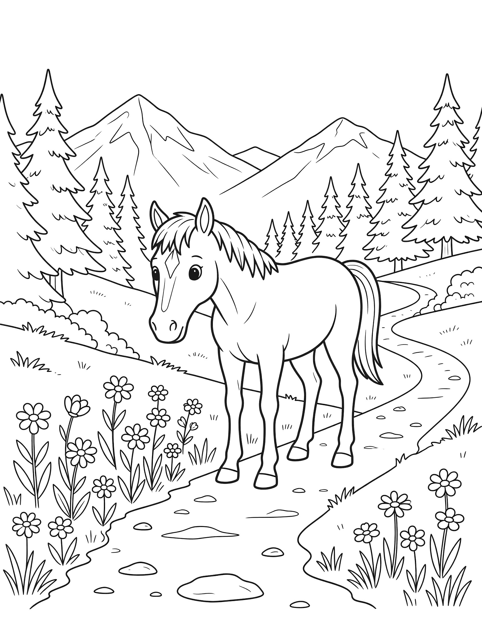 Black and white line art coloring page showing a horse near a winding path with mountains, pine trees, and flowers in the background. Mustang themed black and white printable line art