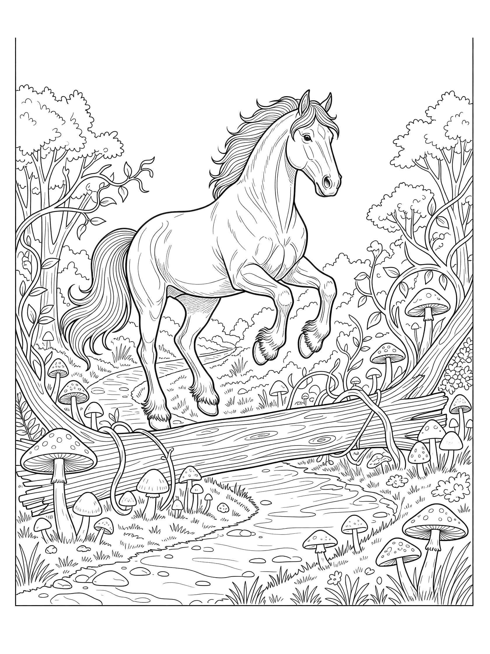 Black and white line art coloring page showing a horse mid-jump over a fallen log bridge with mushrooms, vines, trees, and a stream in a forest setting. Clydesdale themed black and white printable line art