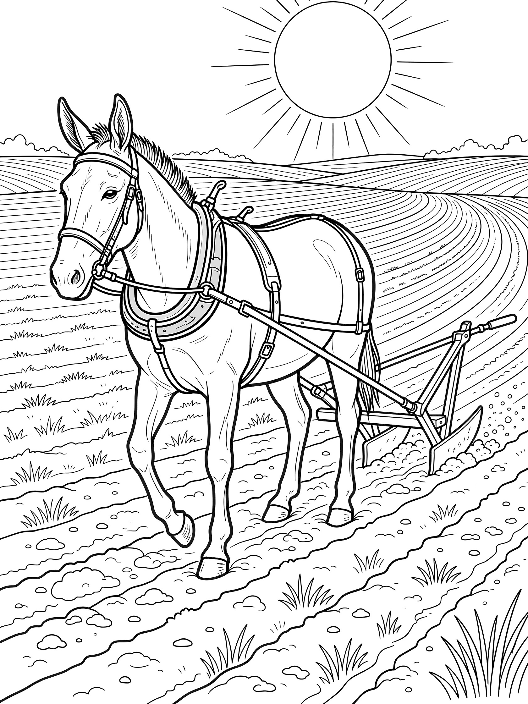 Black and white line art coloring page showing a horse with harness pulling a plow in a field with soil rows and a sun. Mules themed black and white printable line art