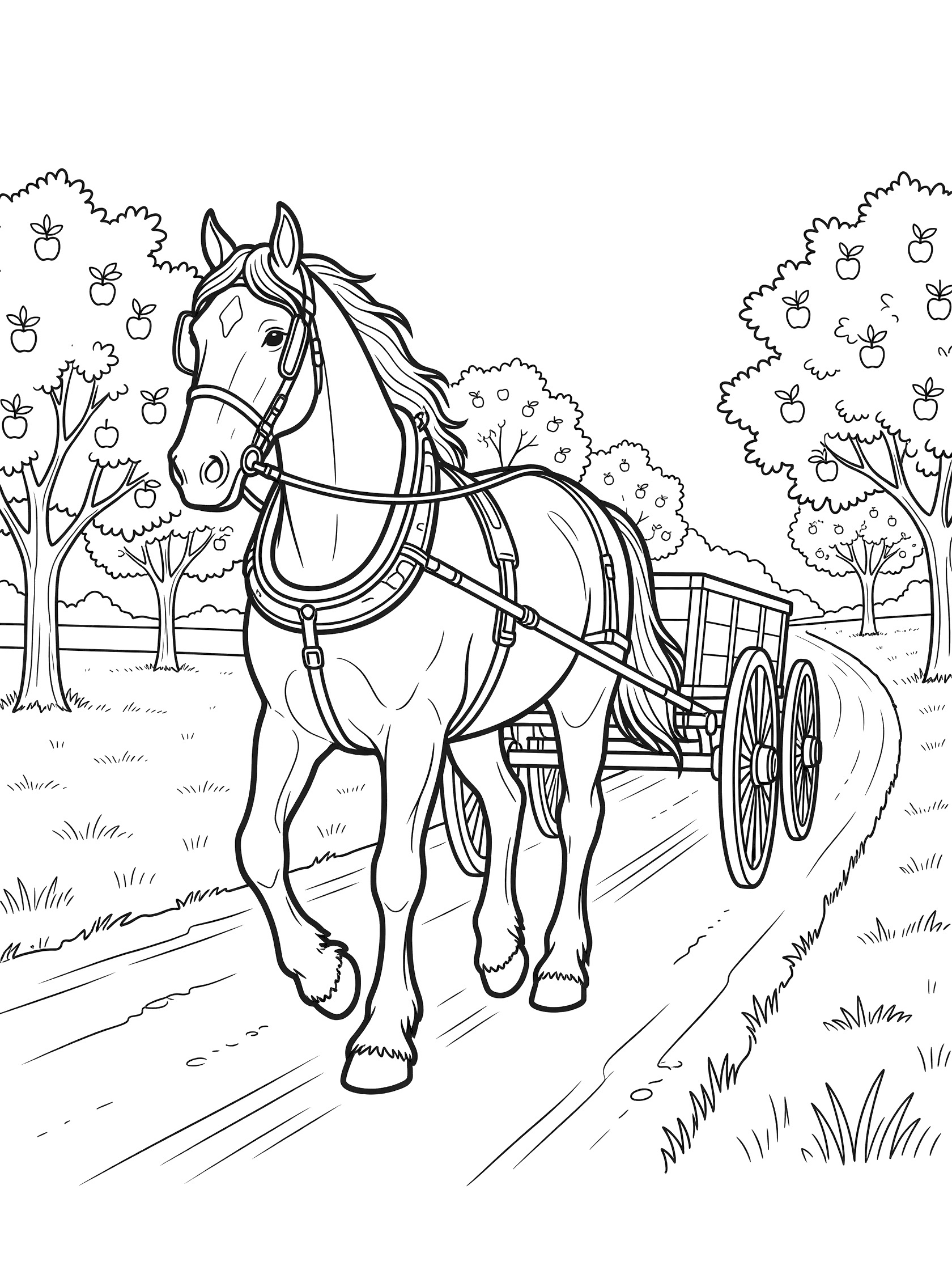 Black and white line art coloring page showing a horse with harness pulling a cart on a dirt road surrounded by apple trees. Clydesdale themed black and white printable line art