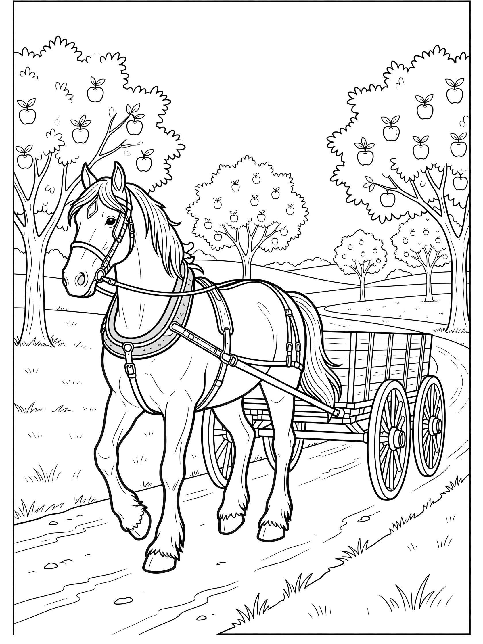 Black and white line art coloring page showing a large horse with harness pulling a wooden cart with wheels along a dirt road surrounded by apple trees. Clydesdale themed black and white printable line art