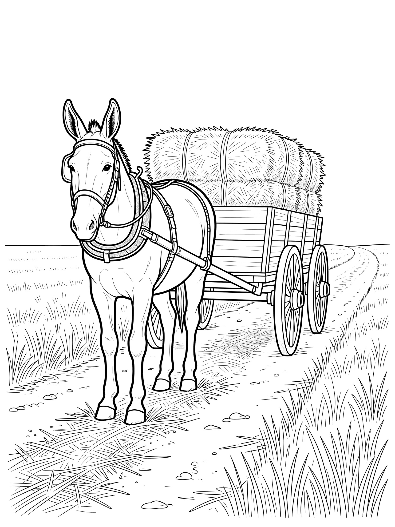 Black and white line art coloring page showing a horse harnessed to a wooden cart loaded with hay bales, walking on a dirt path with grass on both sides. Mules themed black and white printable line art