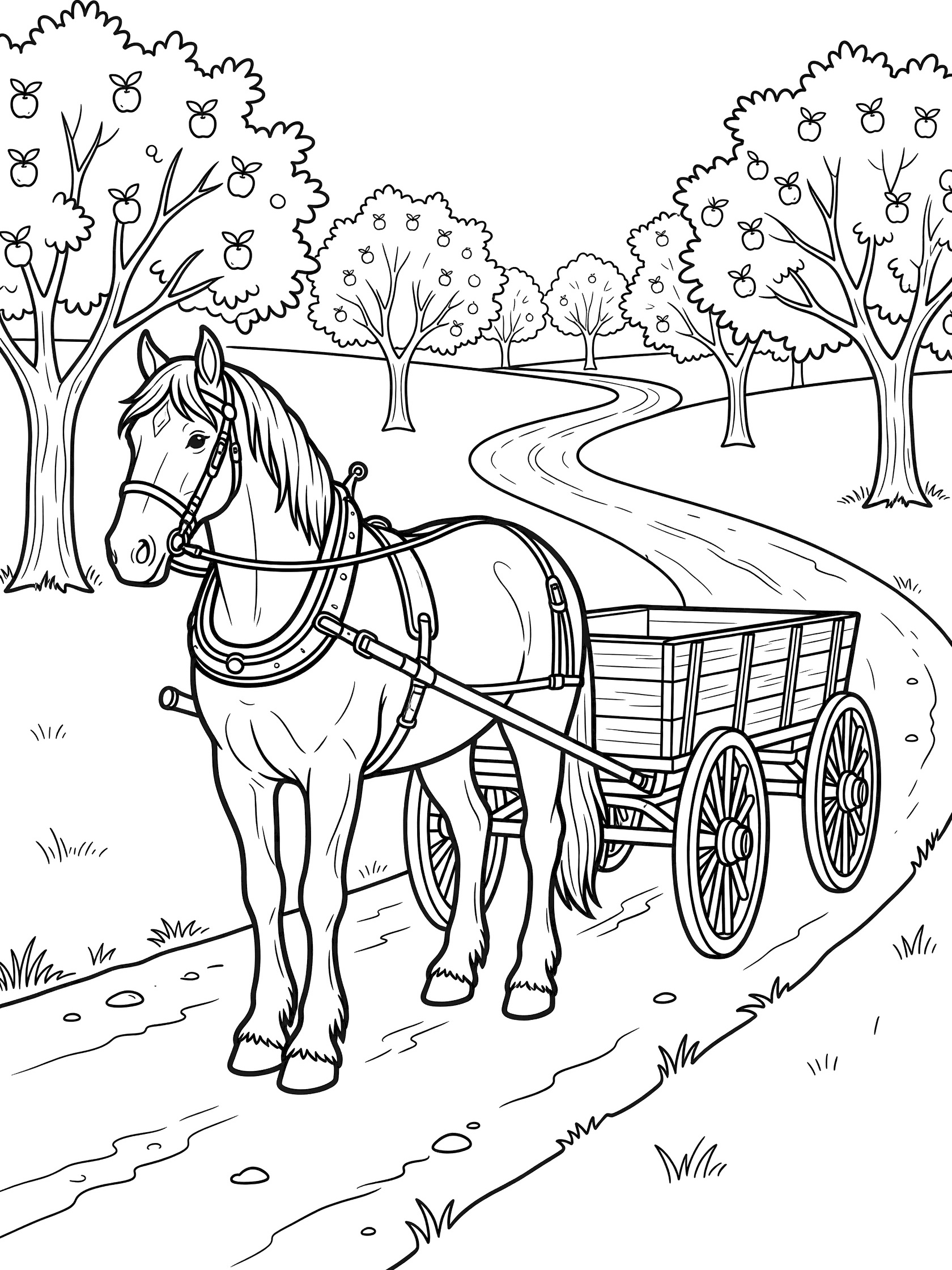 Black and white line art coloring page showing a horse with harness pulling a wooden cart on a dirt road surrounded by apple trees. Clydesdale themed black and white printable line art