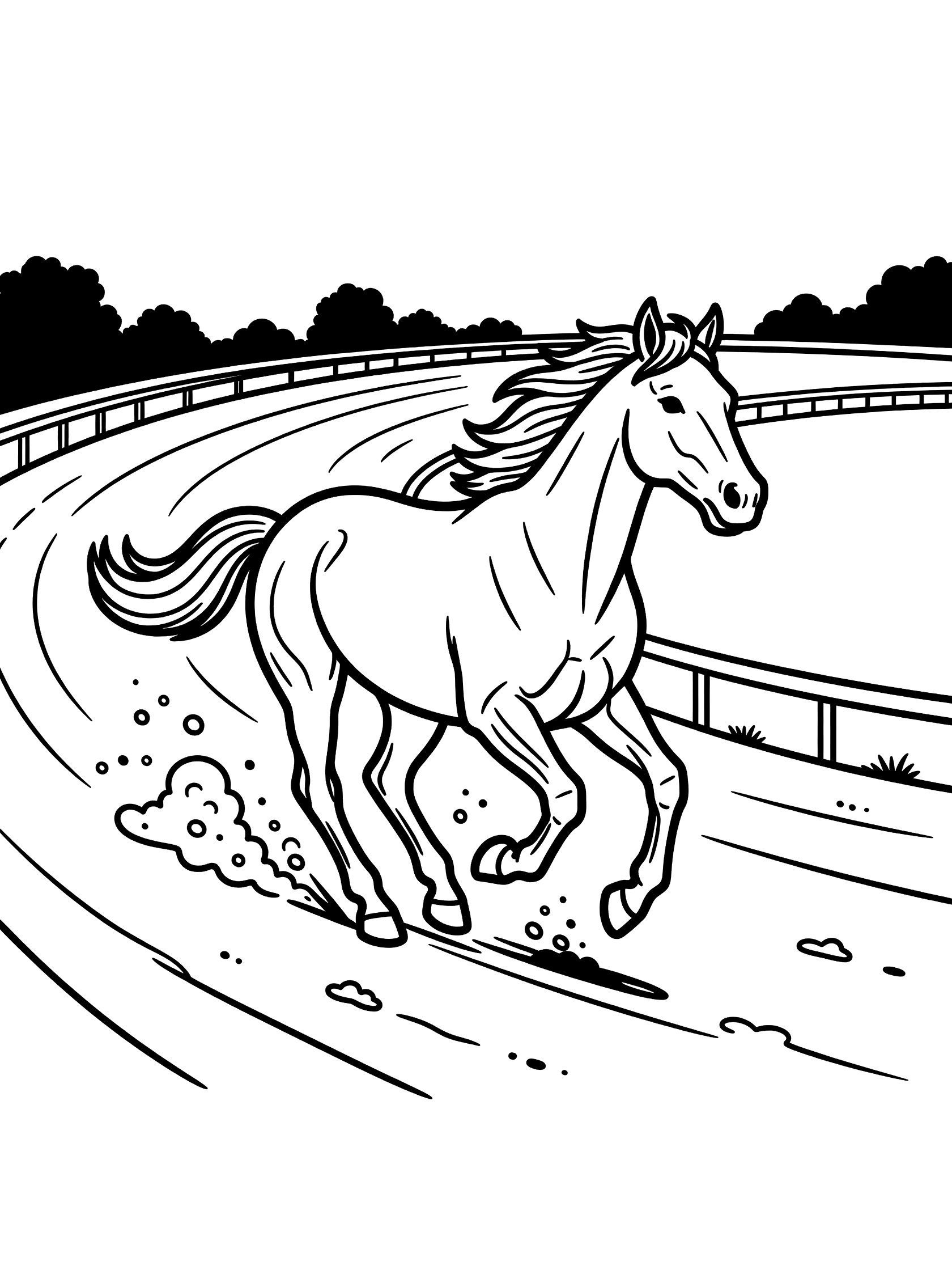 Black and white line art coloring page showing a horse galloping around a curved racetrack, leaning into the turn with dirt kicking up from hooves, trees along the track edge, and railings.