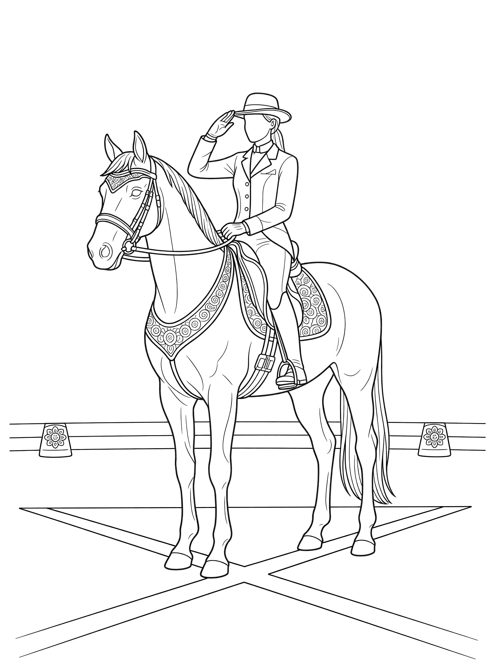 Black and white line art coloring page showing a female rider in riding clothes and hat saluting on a horse standing squarely in an arena with markers. Dressage themed black and white printable line art
