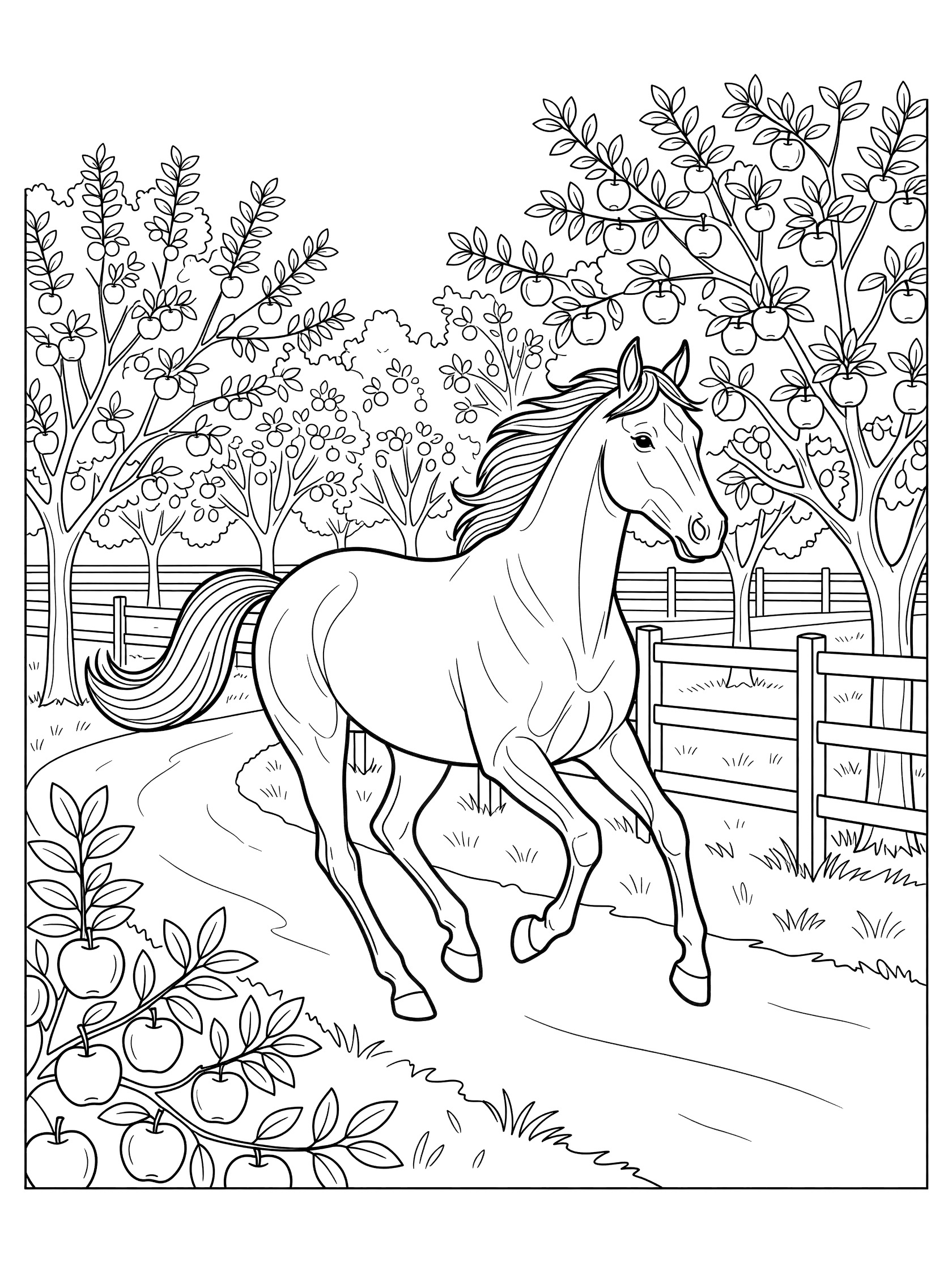 Black and white line art coloring page showing a horse cantering on a path in an apple orchard with trees bearing apples and a wooden split-rail fence. Thoroughbred themed black and white printable line art