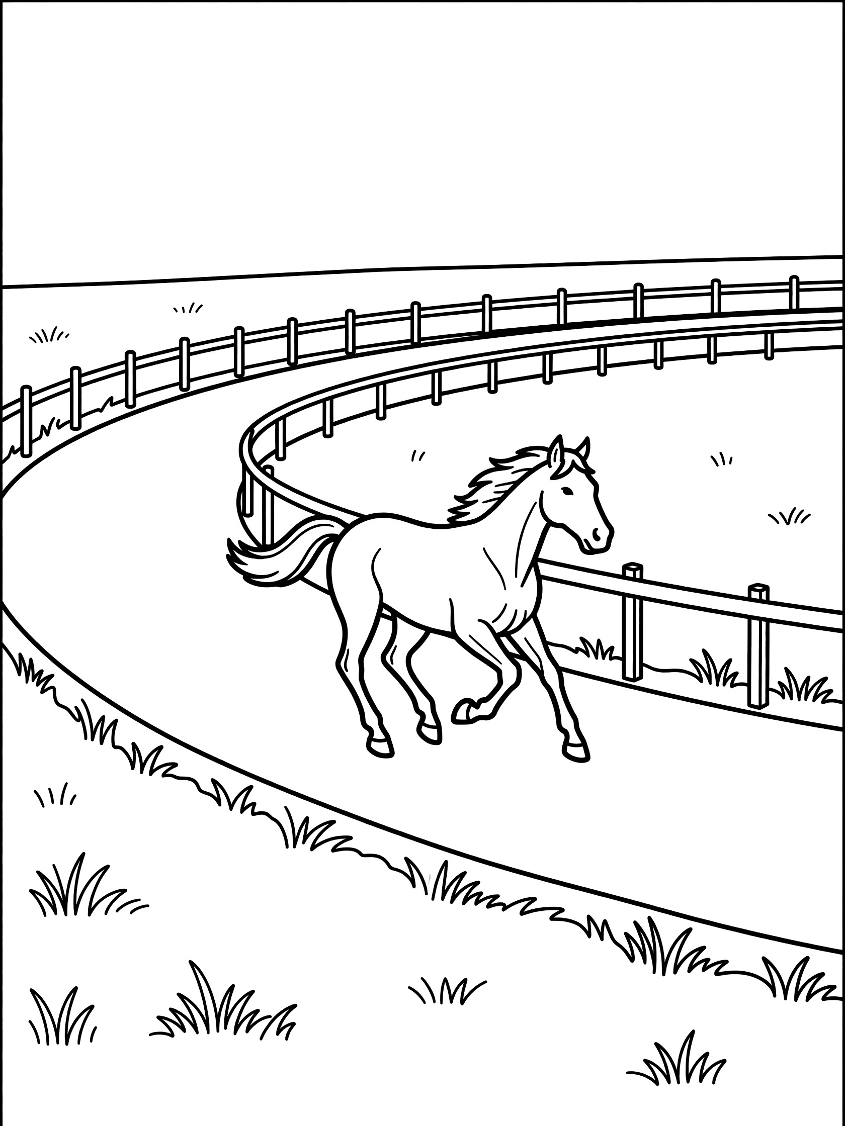 Black and white line drawing of a horse galloping around a curved racetrack bordered by grass and a wooden fence, coloring book style.