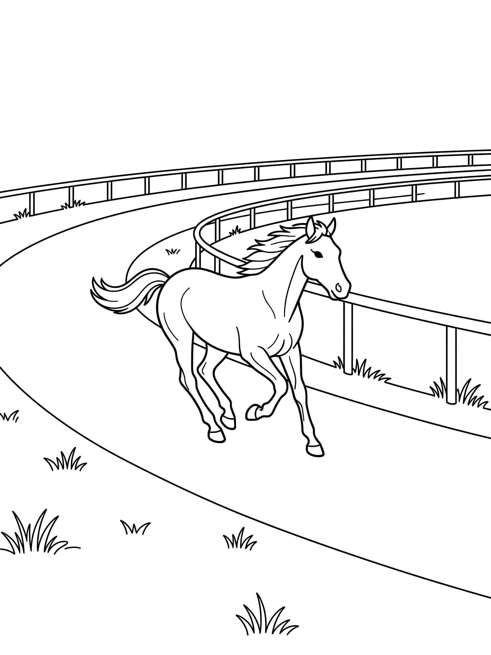 Black and white line art coloring page showing a horse in full gallop on a curved racetrack bordered by grass and a wooden fence.