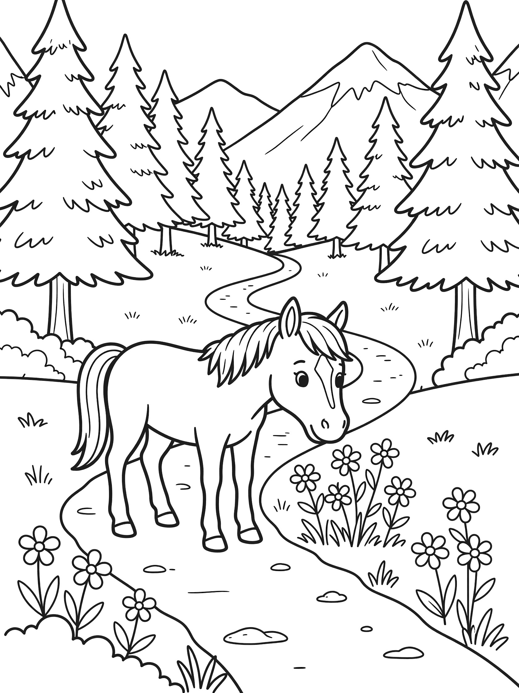 Black and white line art coloring page showing a horse with mane and tail sniffing small flowers beside a winding path in a forest with pine trees and distant mountains. Mustang themed black and white printable line art