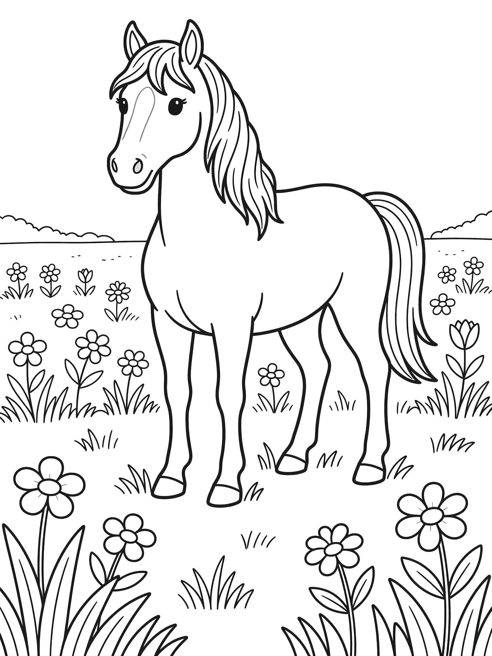 Black and white line art coloring page showing a cartoon horse standing in a grassy field with scattered flowers, clean outlines on white background. Mustang themed black and white printable line art