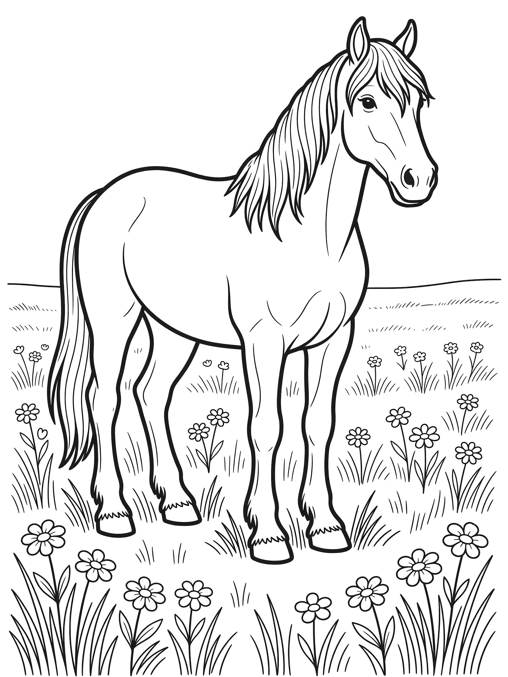 Black and white line art coloring page showing a horse standing in a meadow with tall grass and flowers around its feet. Clydesdale themed black and white printable line art