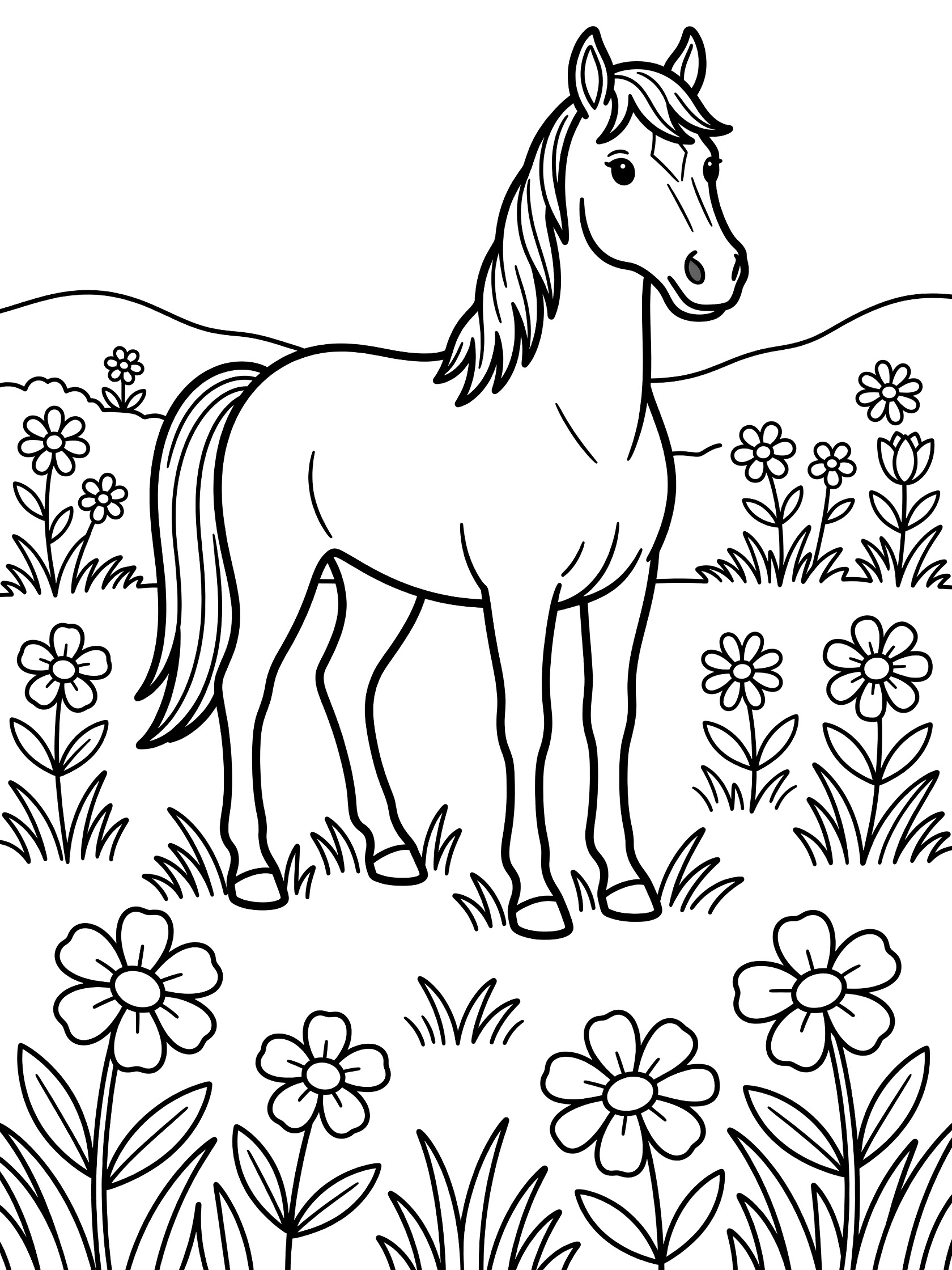 Black and white line art coloring page showing a cartoon horse standing in a grassy meadow surrounded by flowers. Mustang themed black and white printable line art