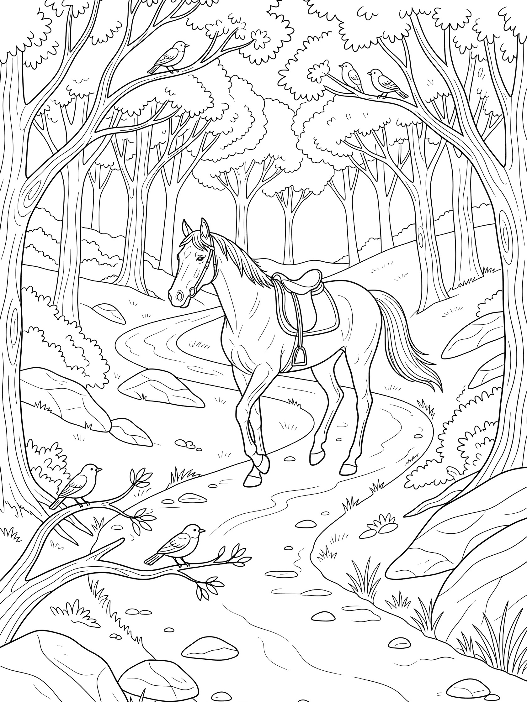 Black and white line art coloring page showing a horse trotting on a winding forest path lined with trees and rocks, birds on branches, clean outlines for easy coloring. Thoroughbred themed black and white printable line art
