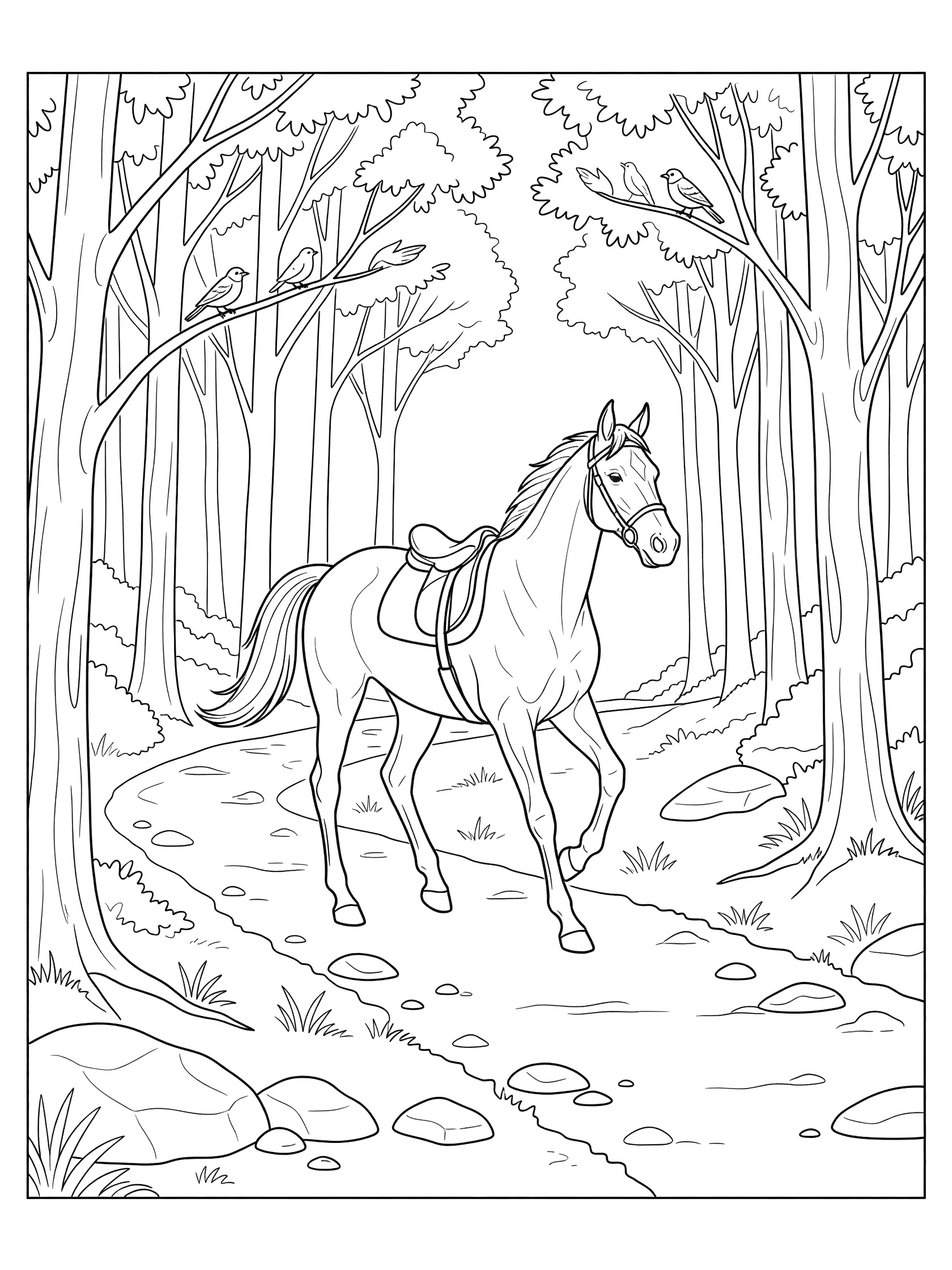 Black and white line art coloring page showing a horse with a saddle trotting on a winding forest path lined with trees, rocks, and birds on branches. Thoroughbred themed black and white printable line art