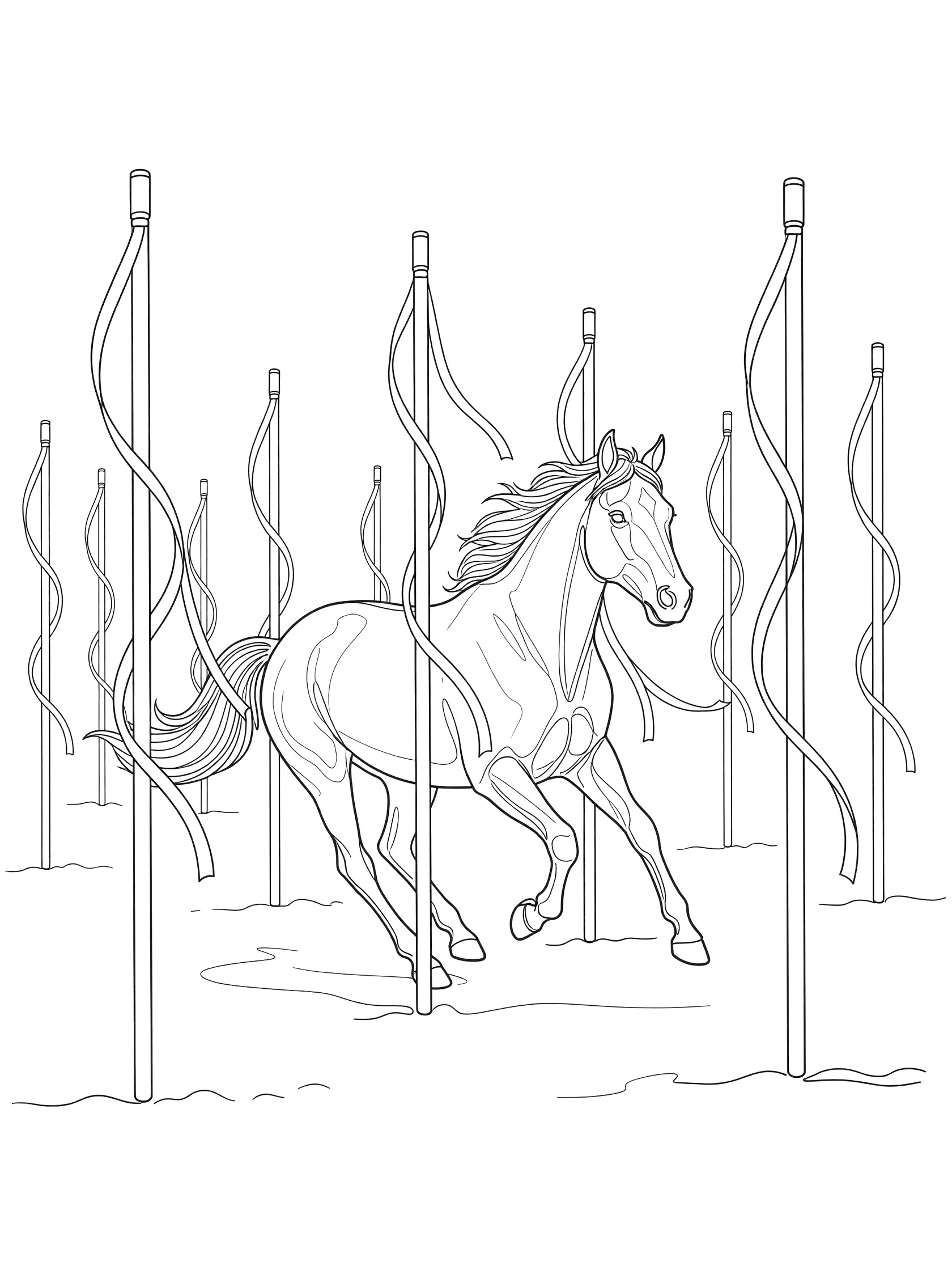 Black and white coloring page showing a horse running between tall poles decorated with ribbons, ears perked up, in clean line art.