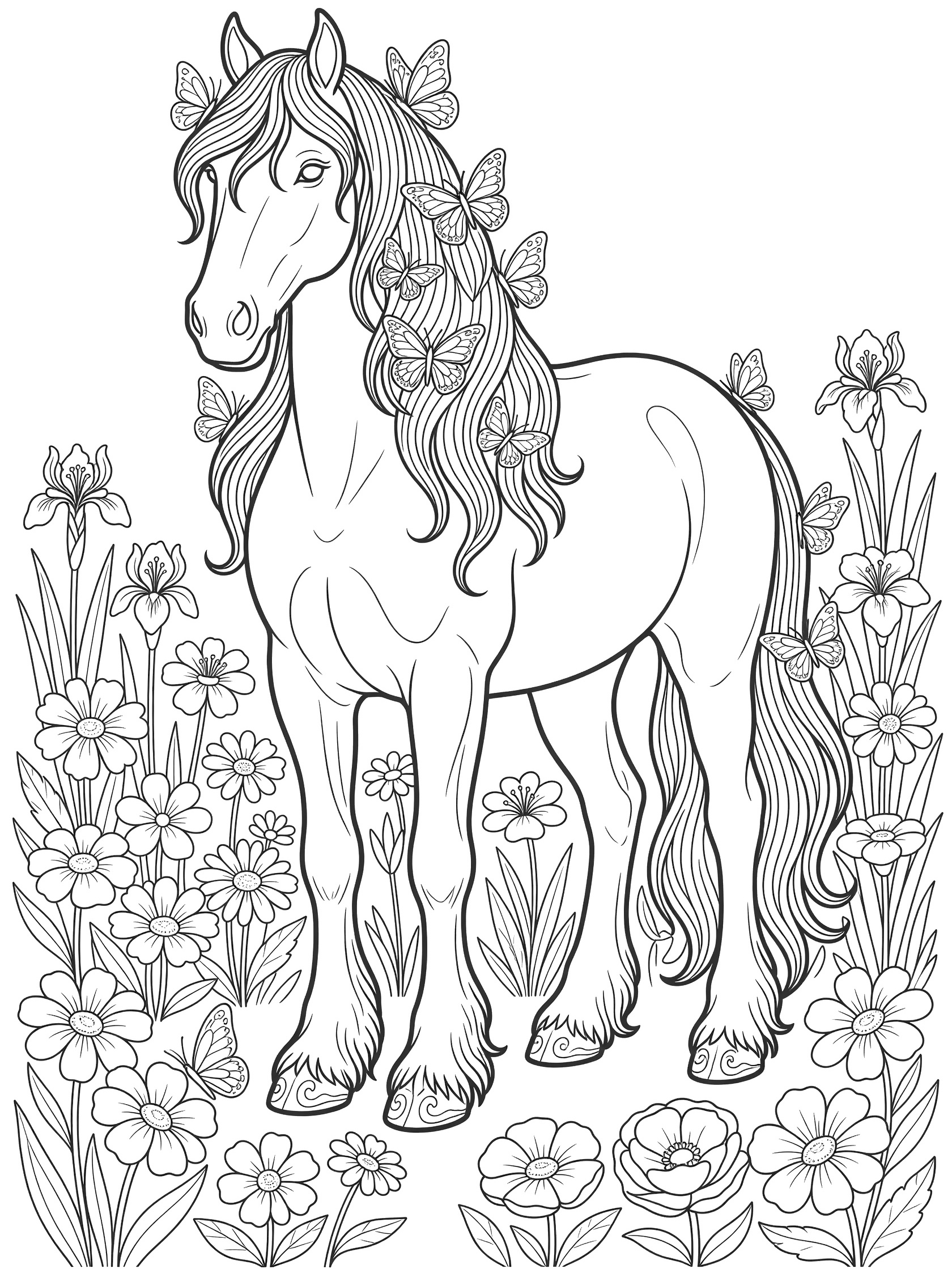 Black and white line art coloring page showing a horse standing in flowers with butterflies on its long flowing mane and tail. Clydesdale themed black and white printable line art