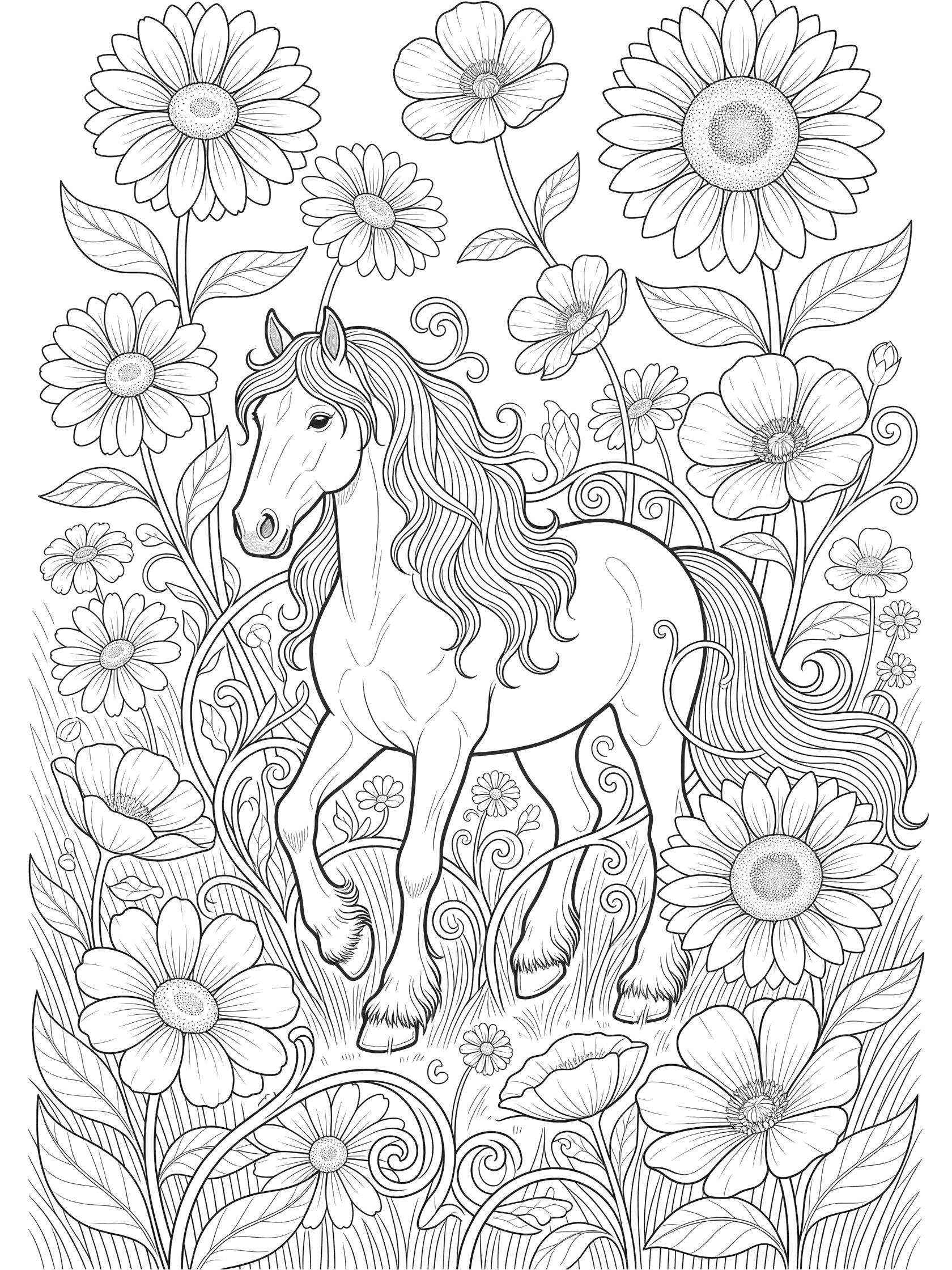 Black and white line art coloring page showing a horse standing in a field of daisies and sunflowers with vines around its legs and mane. Clydesdale themed black and white printable line art