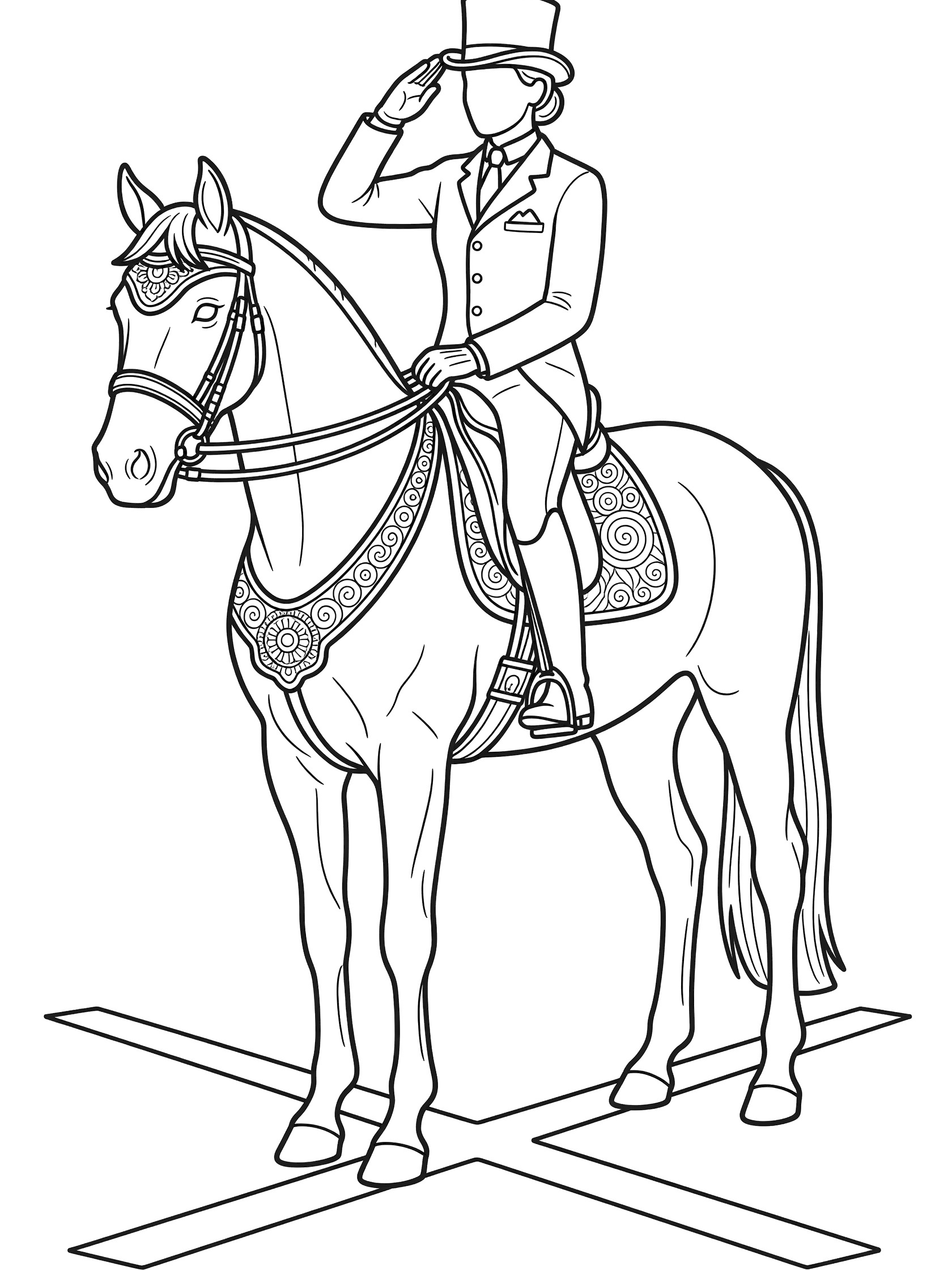 Black and white line art coloring page of a horse standing squarely with a rider in fancy suit and top hat saluting, ornate saddle patterns, and X-shaped arena markers.