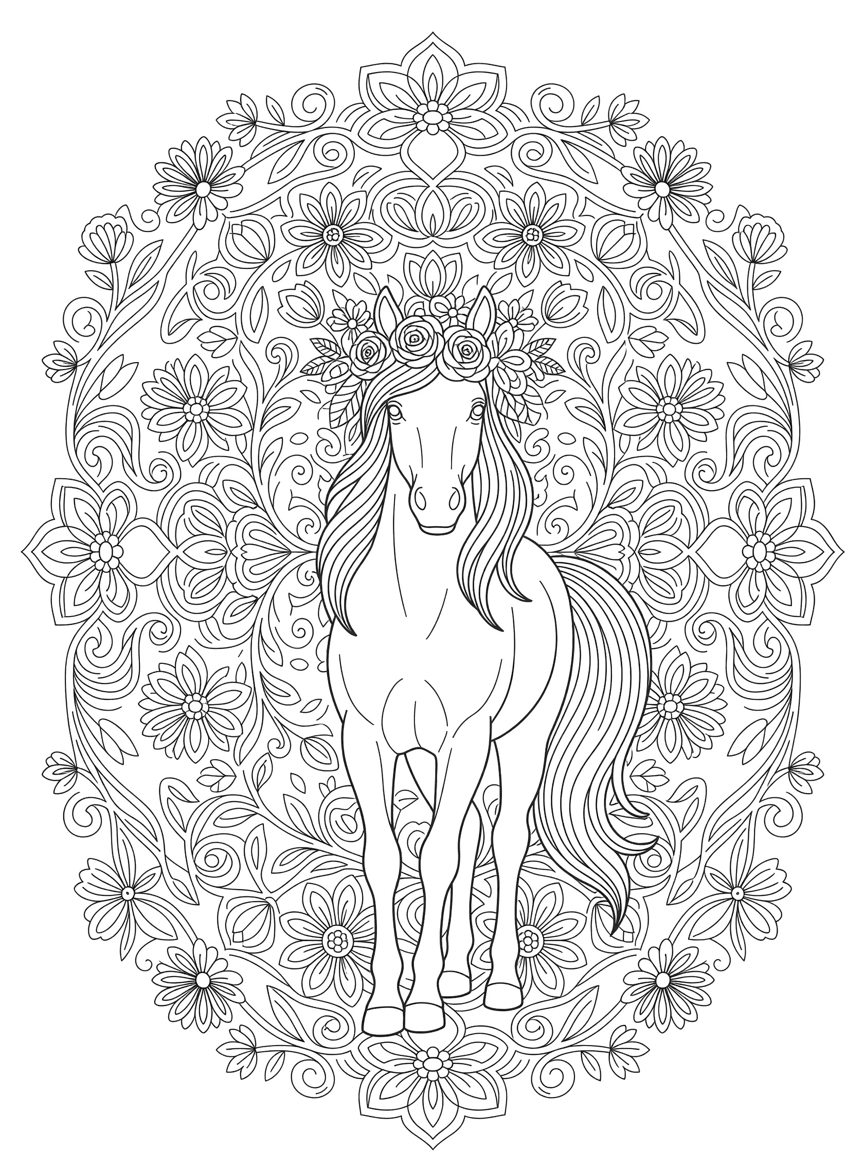 Black and white printable coloring page showing a horse with a detailed flower crown and surrounding floral designs. Pony themed black and white printable line art