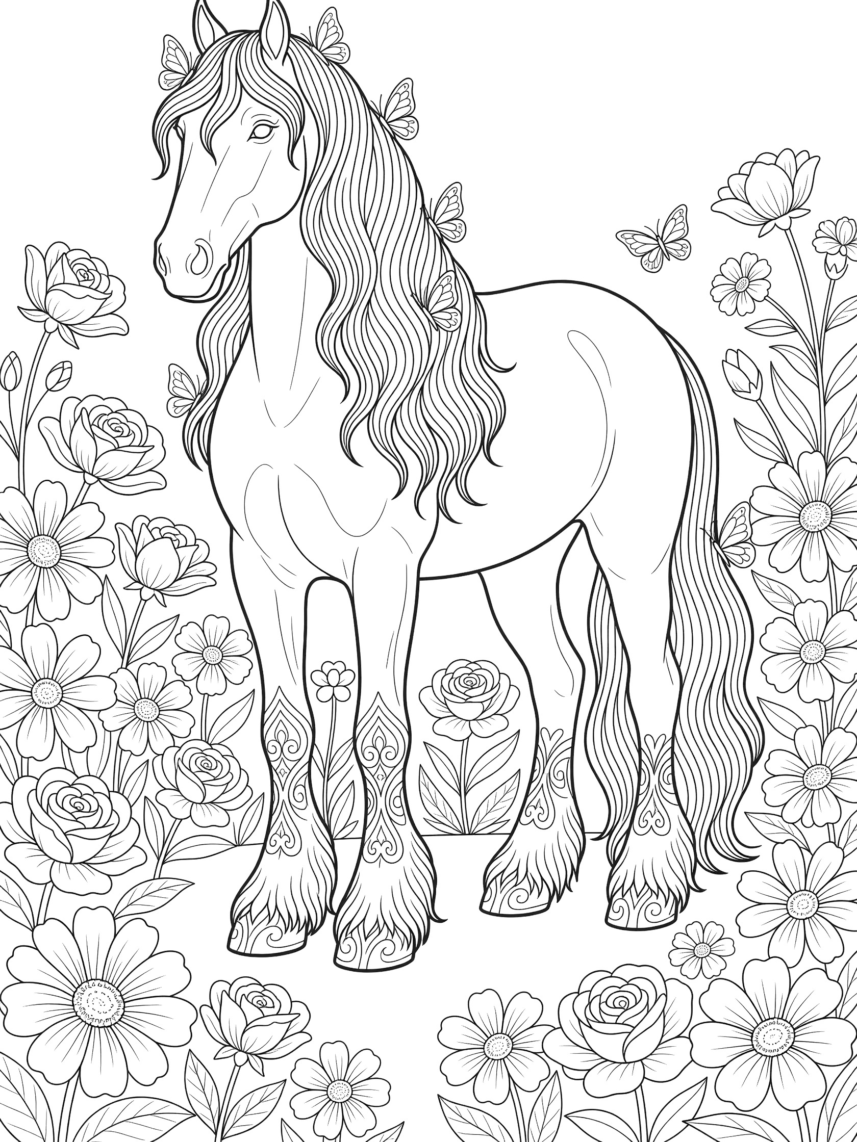 Black and white line art of a horse with long flowing mane and tail, butterflies on mane, surrounded by flowers like roses and daisies, coloring page. Clydesdale themed black and white printable line art