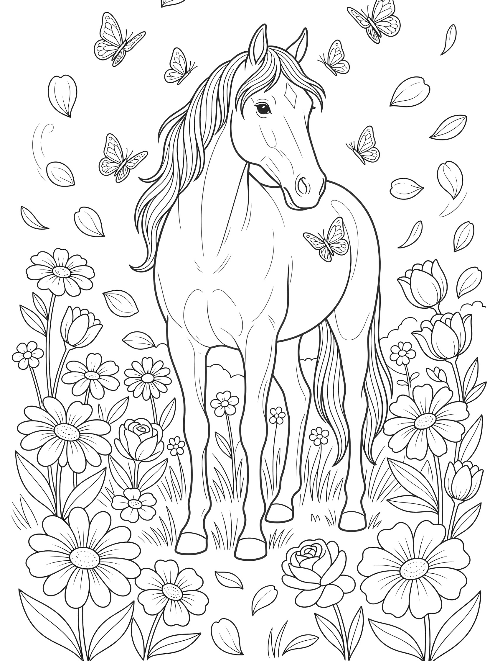 Black and white line art coloring page showing a horse with long mane and tail surrounded by flowers like daisies, tulips, roses, flying butterflies, and swirling petals. Thoroughbred themed black and white printable line art