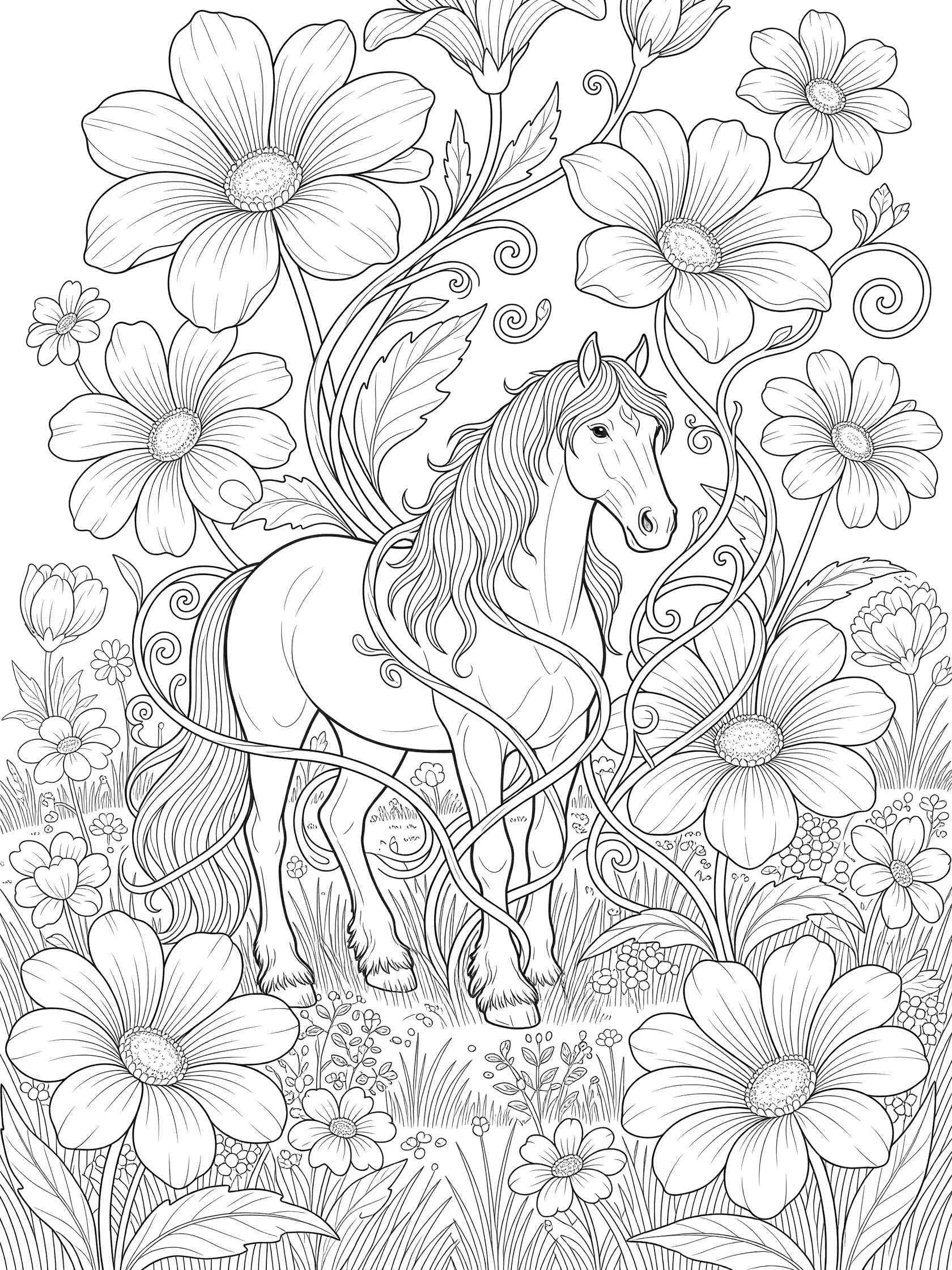 Black and white coloring page of a horse with large flowers and twisting vines around its body and legs. Clydesdale themed black and white printable line art