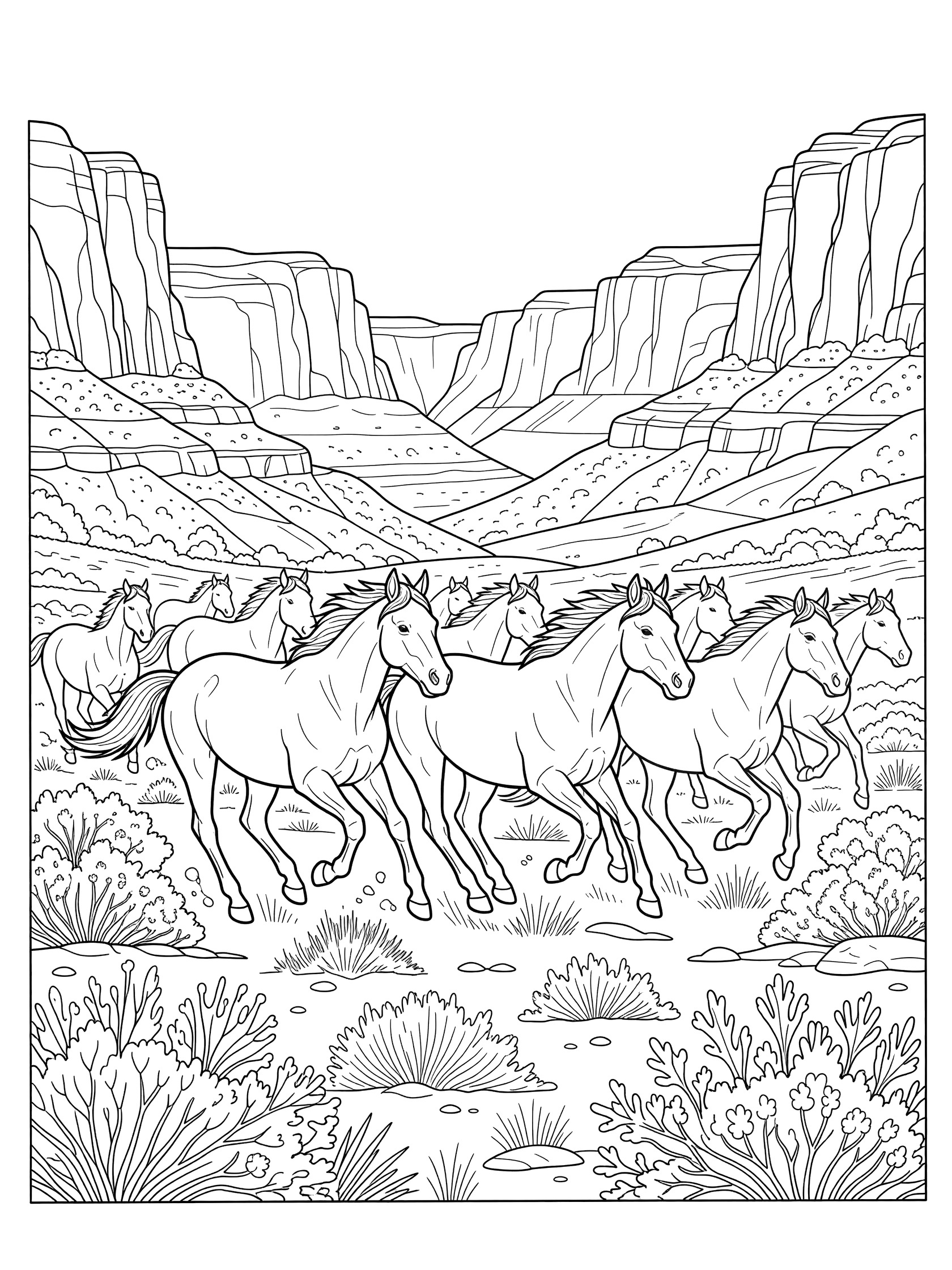 Black and white coloring page of several horses running together in a wide canyon with steep cliffs and scrub bushes. Mustang themed black and white printable line art
