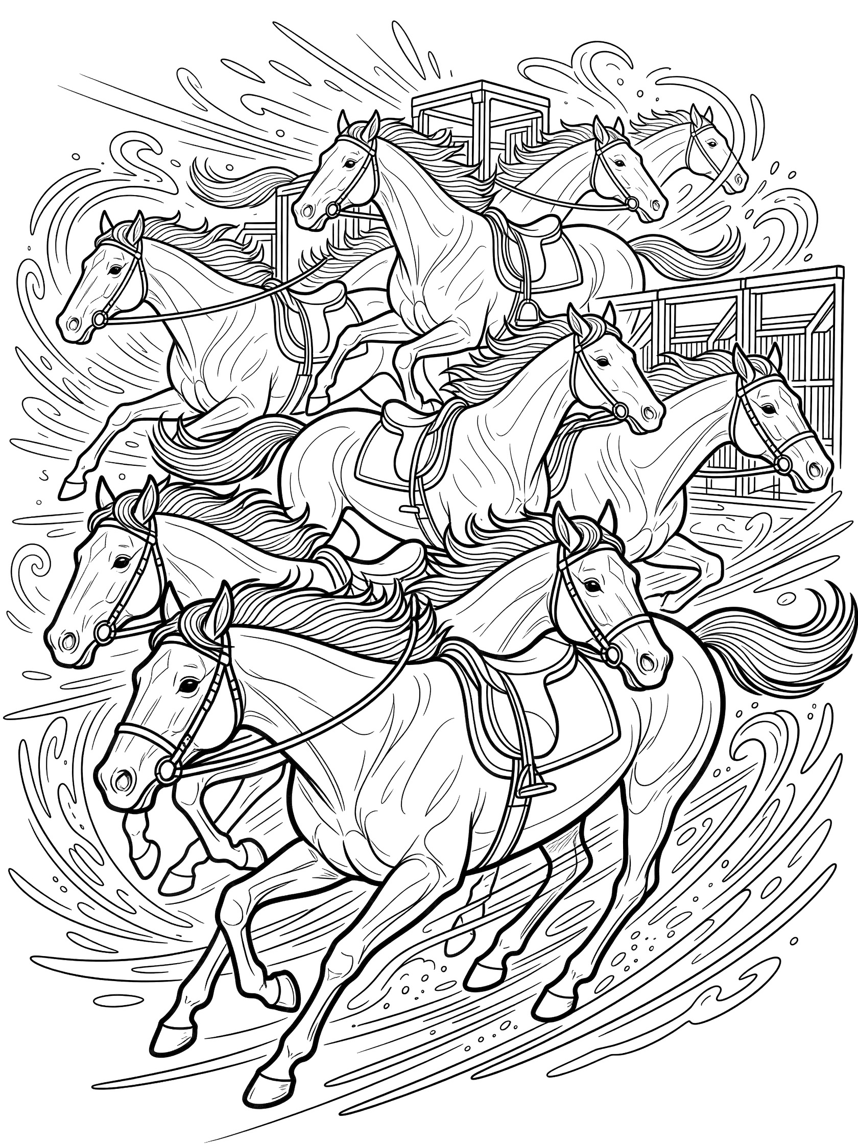 Black and white line art coloring page with multiple horses sprinting forward from open barn gates, manes flying, legs in motion, surrounded by speed swirl lines.