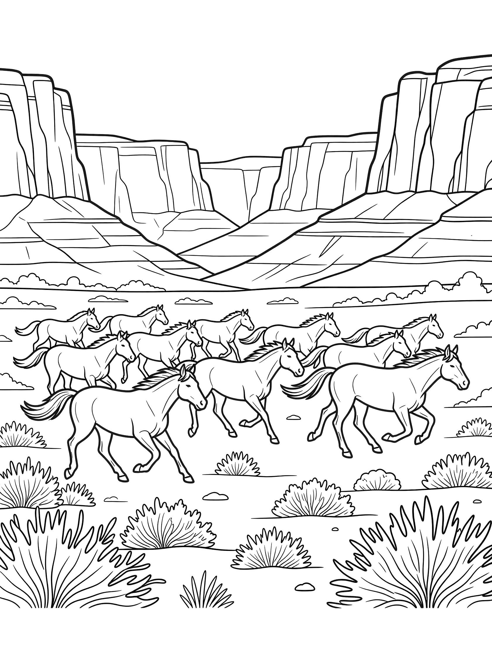 Black and white line art coloring page showing a herd of horses galloping across a canyon with tall cliffs on both sides and scrub bushes in the foreground.