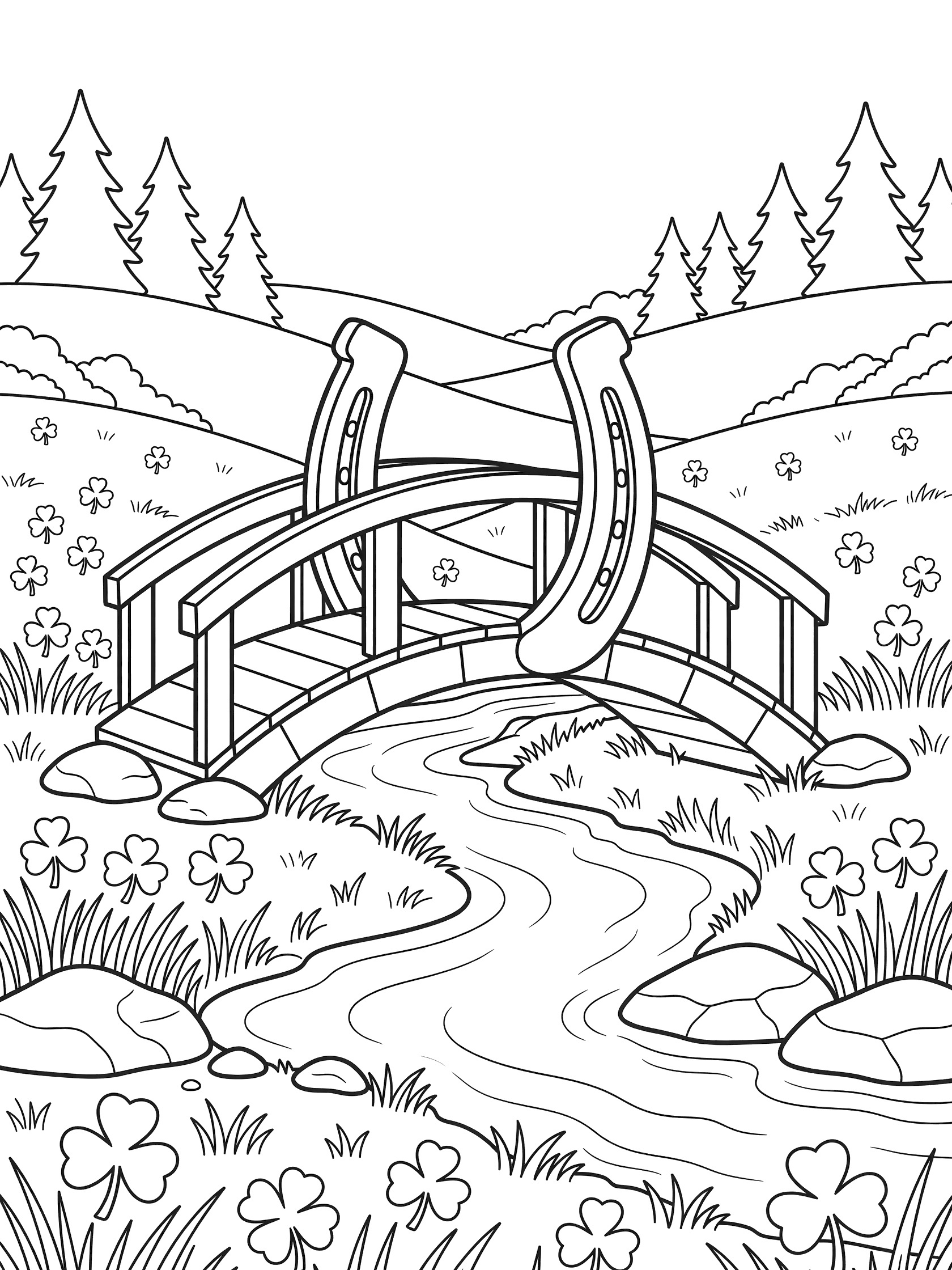 Black and white line art coloring page showing a horseshoe bridge arching over a stream in a meadow with shamrocks and hills for St. Patrick's Day