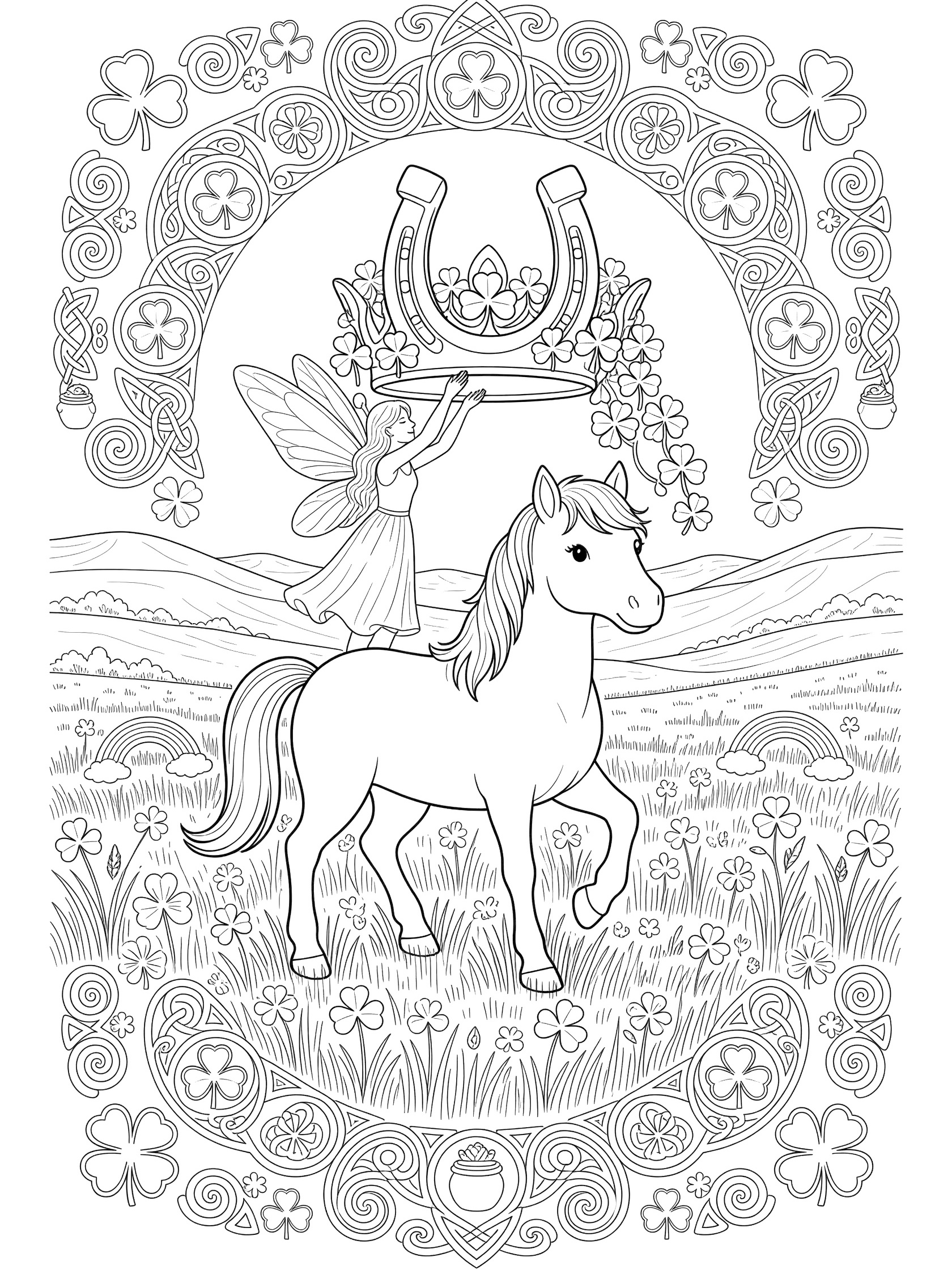 Black and white coloring page of a fairy placing a horseshoe crown with clovers on a pony, surrounded by shamrocks in a meadow with hills and rainbow.