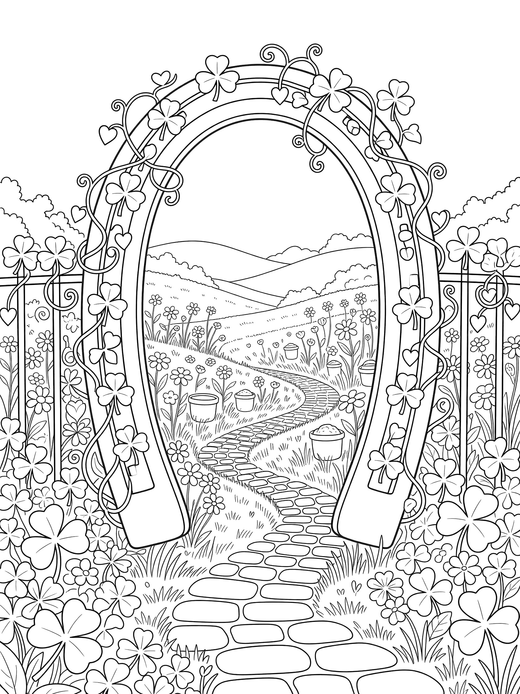 Black and white line art coloring page showing a large horseshoe garden gate with vines, shamrocks, four-leaf clovers, stone path, wildflowers, and pots of gold in a lush garden.