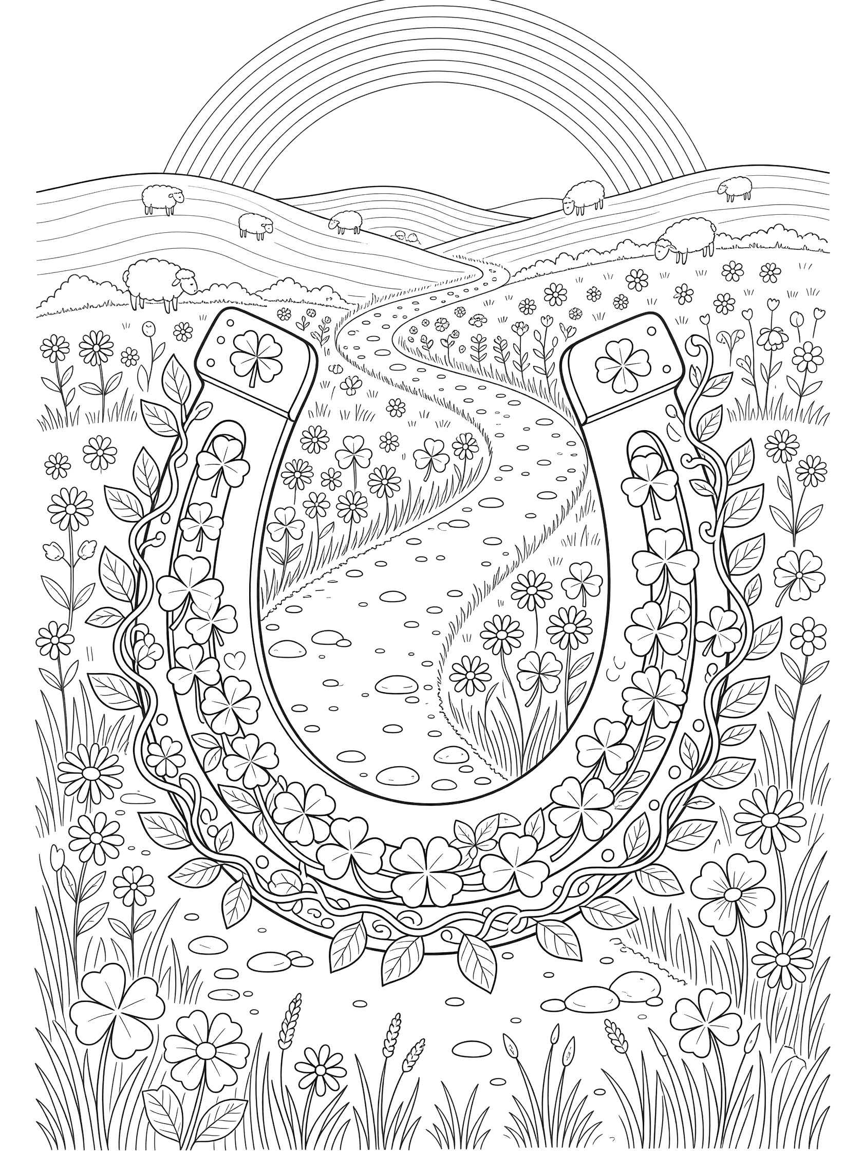 Line art coloring page showing a giant horseshoe pathway curving through a grassy field, bordered by shamrocks, four-leaf clovers, daisies, vines, with sheep on hills and a rainbow in the background.