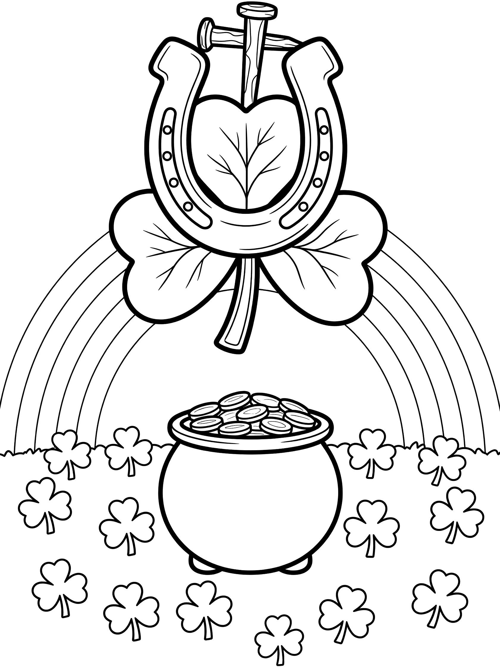 Black and white line art coloring page featuring a horseshoe-shaped shamrock with three leaves, nail, rainbow, pot of gold coins, and small clovers for St. Patrick's Day.