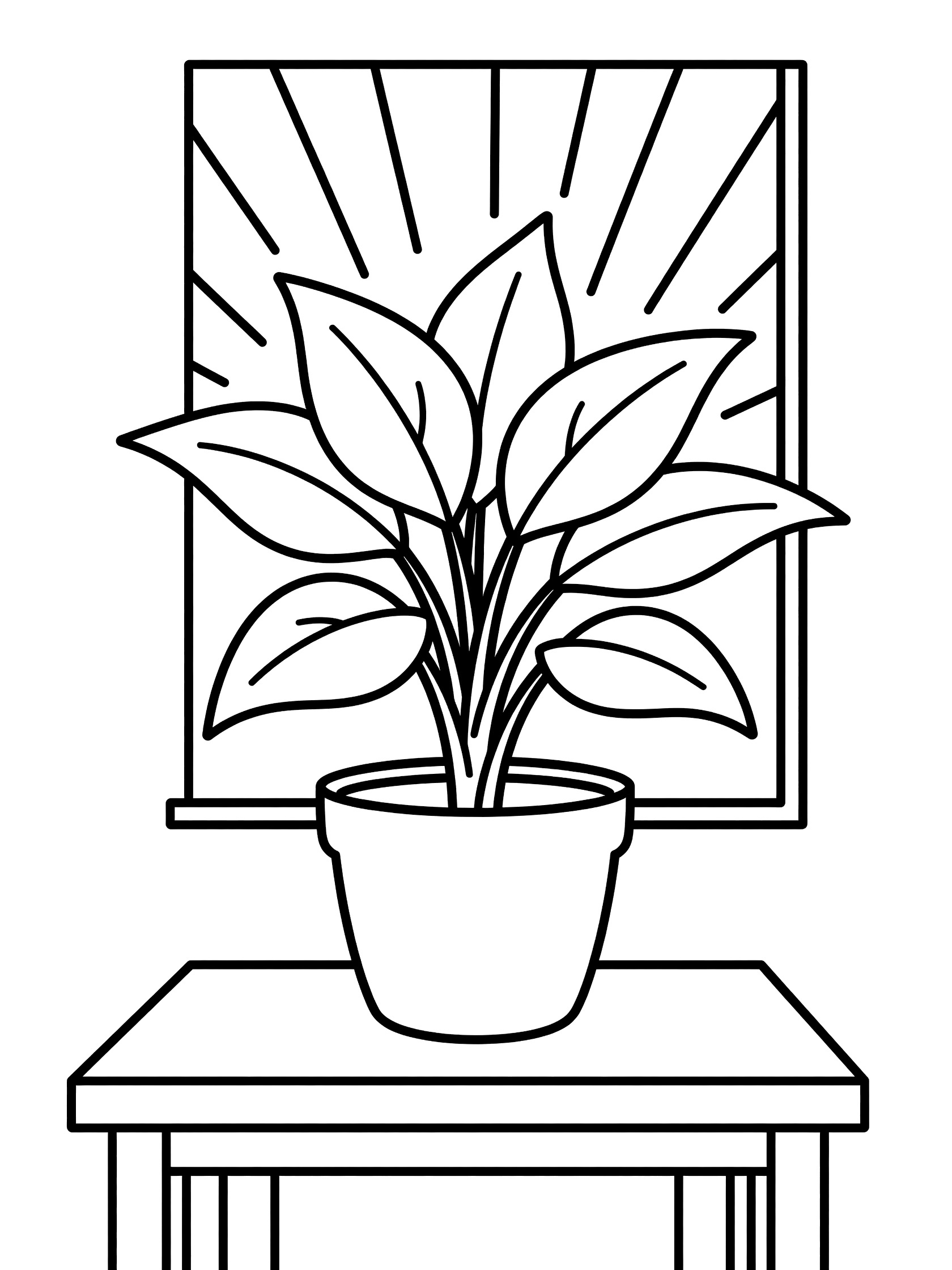 Black and white coloring page of a house plant with wide leaves in a round pot sitting on a table with sunlight rays from a window behind it. Chinese Evergreen themed black and white printable line art