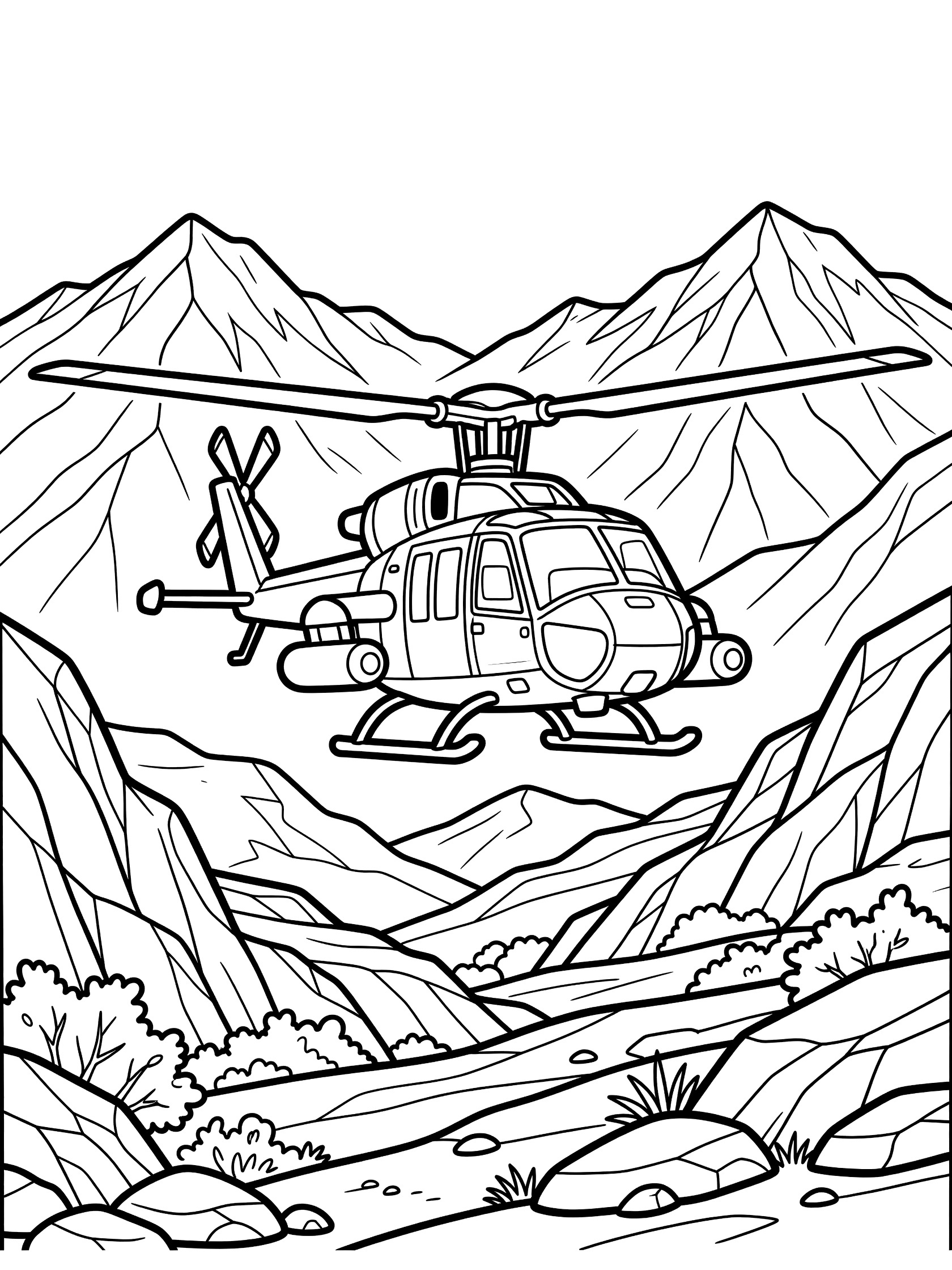 Black and white line art of an attack helicopter with rotors, cockpit, wings, and pods hovering above jagged rocks and mountains in a valley.