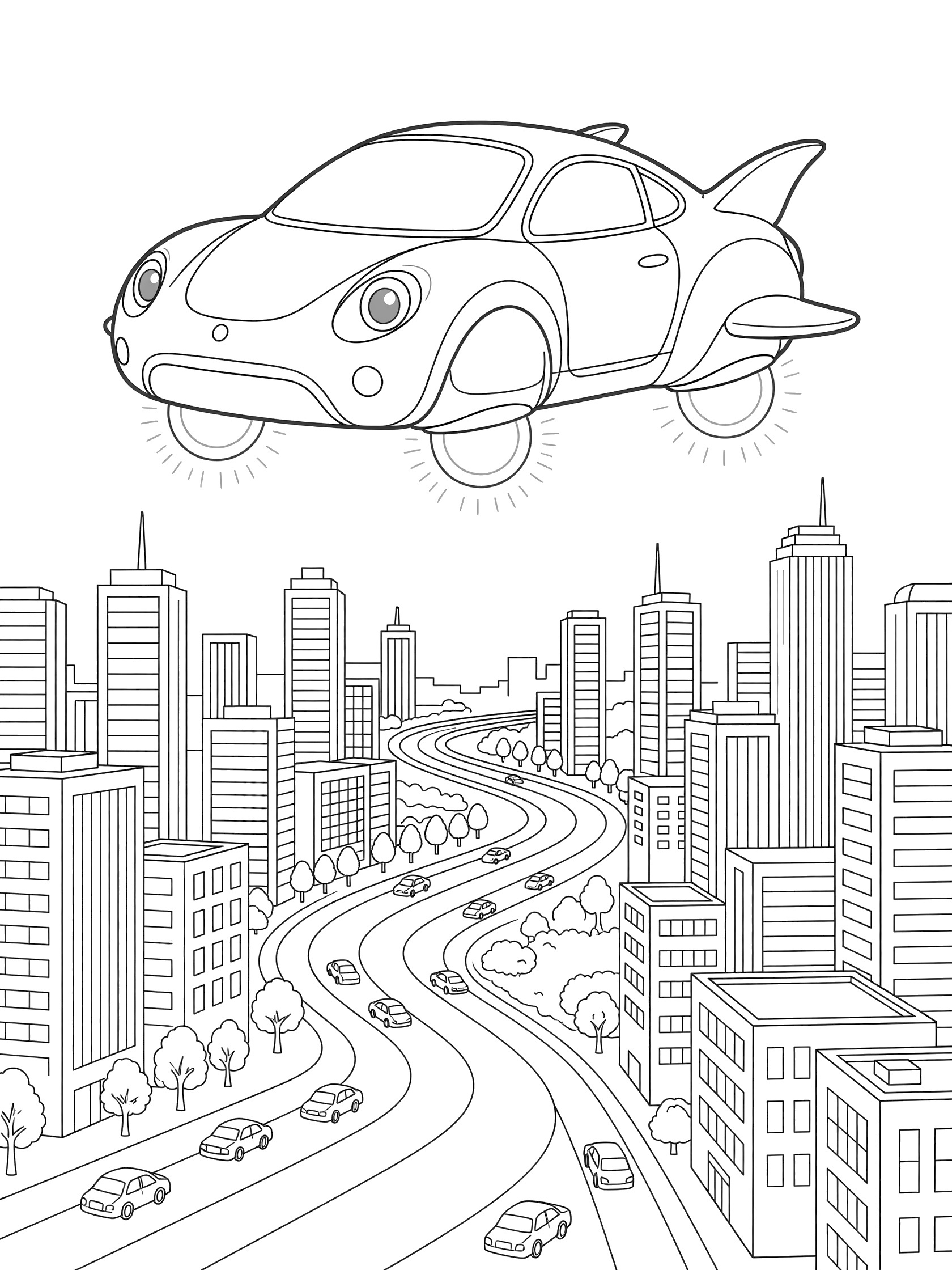Cute cartoon line art of a sleek futuristic car with big eyes and thrusters hovering above a detailed city skyline coloring page