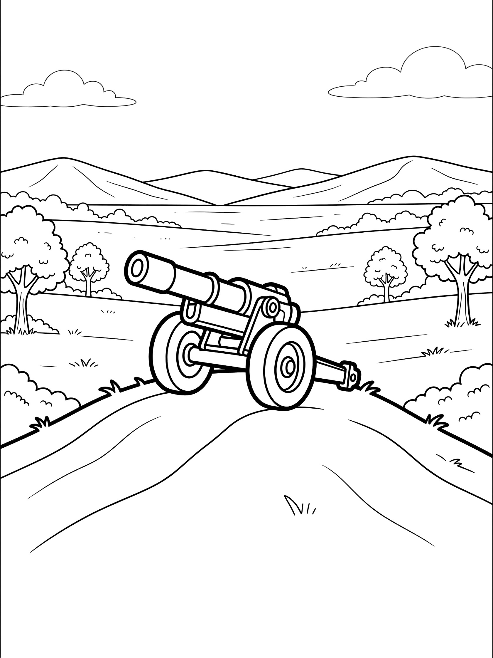 Black and white line art coloring page of a howitzer cannon on a grassy road atop a hill, with trees, clouds, valley, and mountains in the background.