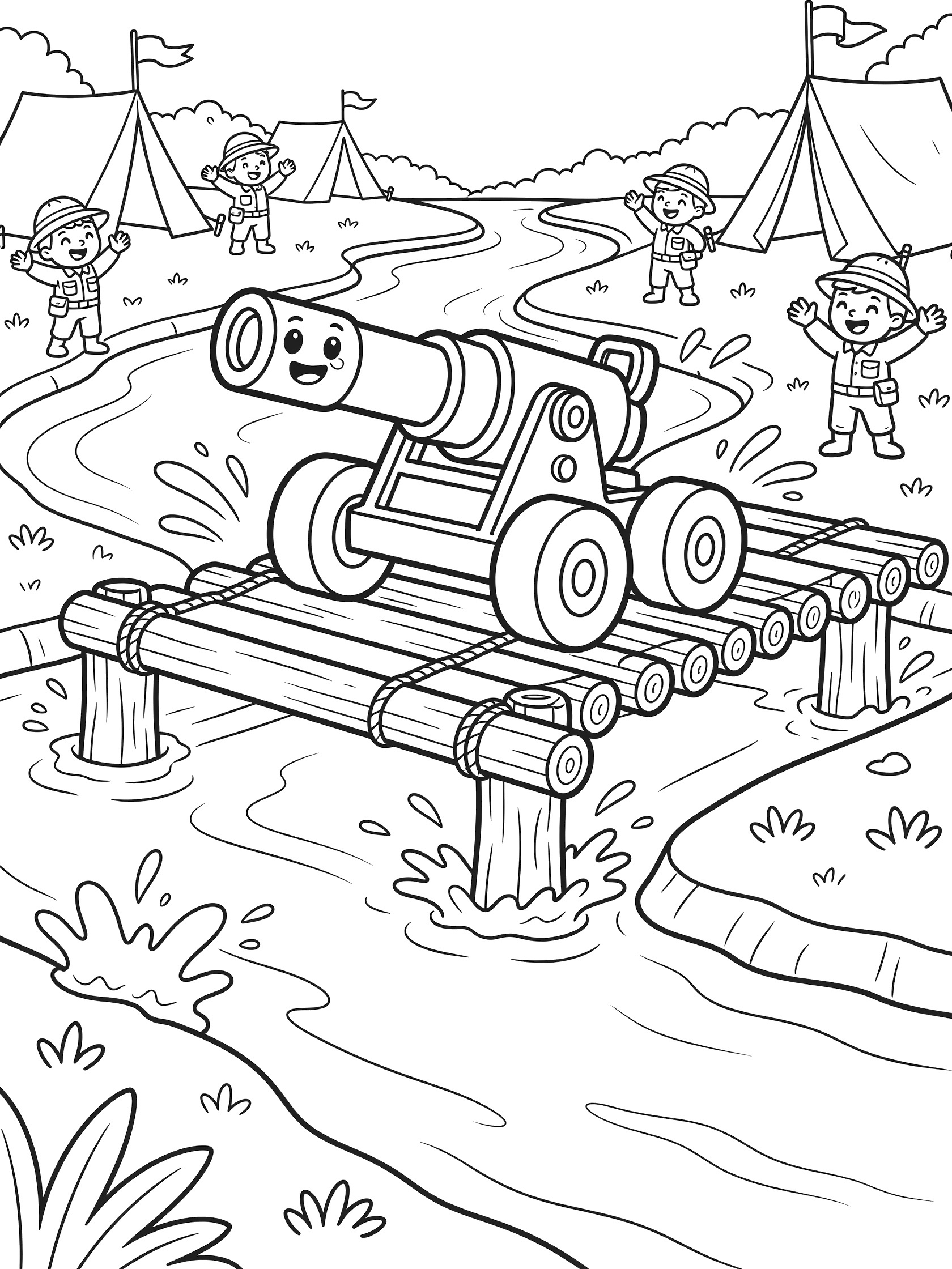 Cute cartoon howitzer with big wheels and happy face crossing river on pontoon bridge made of logs, with splashing water, cheering soldiers in hats, tents, and flags on lush banks