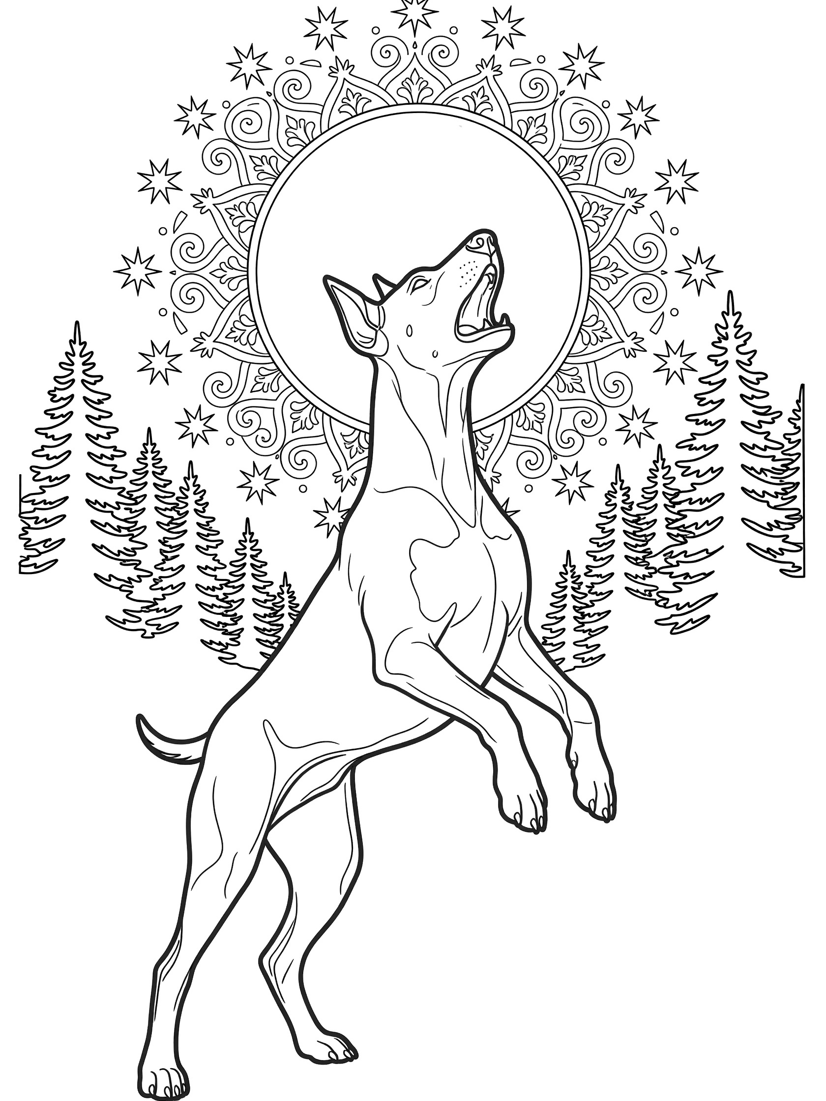 Black and white line art coloring page showing a dog rearing up howling at a large mandala-patterned full moon surrounded by stars and swirls, with pine tree silhouettes in the background. Doberman Pinscher themed black and white printable line art