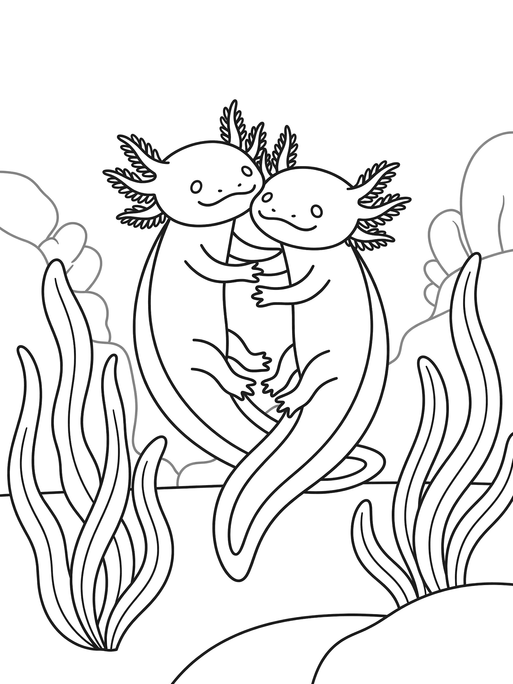 Black and white line art coloring page showing two axolotls with external gills hugging each other surrounded by underwater plants on a white background