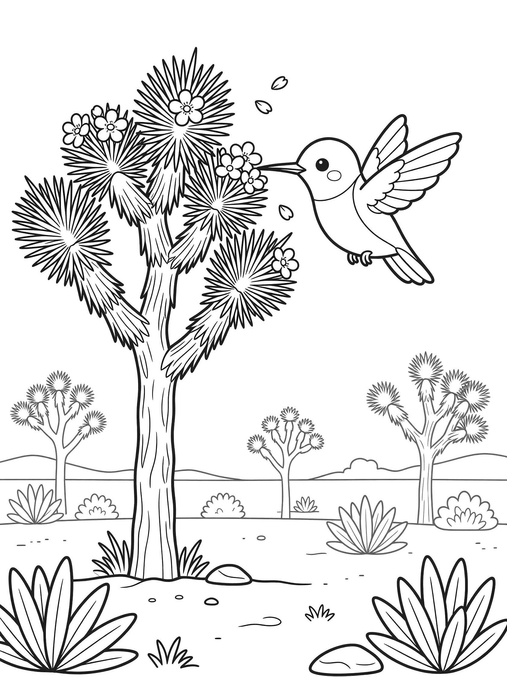 Black and white coloring page of a kawaii hummingbird hovering near Joshua tree flowers in a desert scene with spiky branches and petals.
