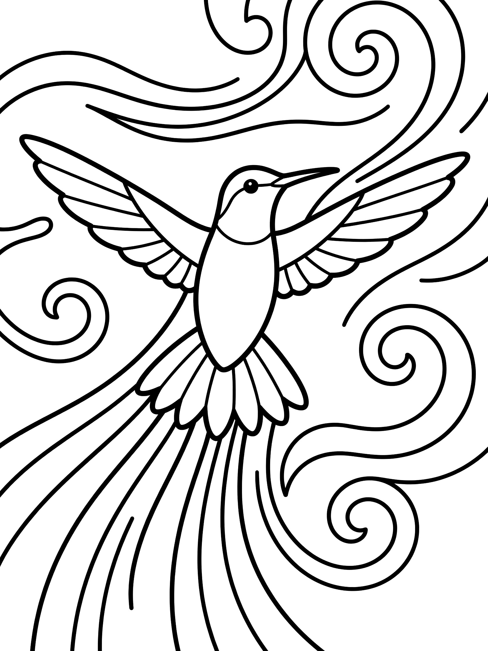 Black and white line art of a hummingbird flying upward with wide wings, long tail feathers, and swirling air trails behind it.